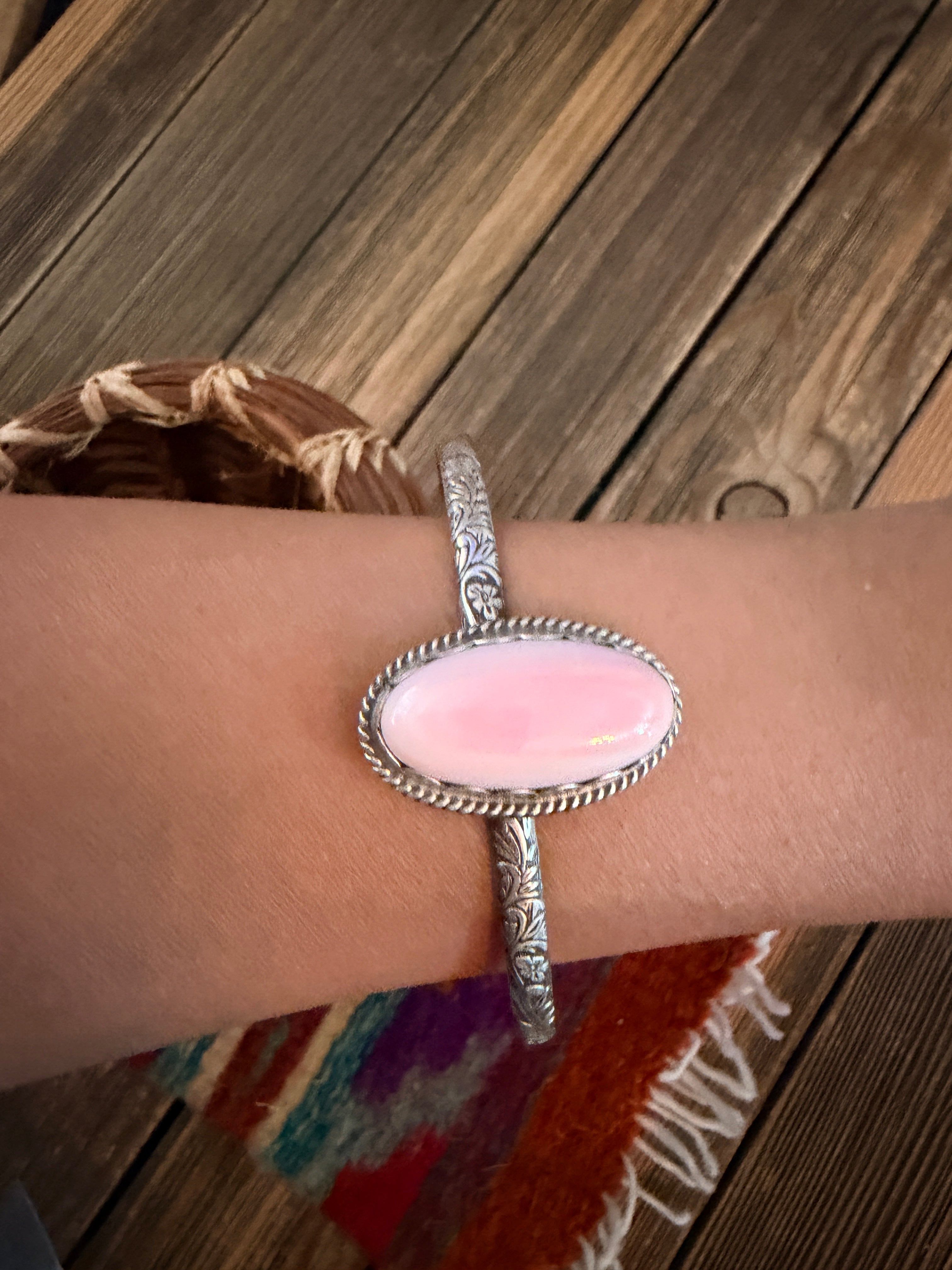 Handmade Queen Pink Conch & Sterling Silver Cuff Bracelet