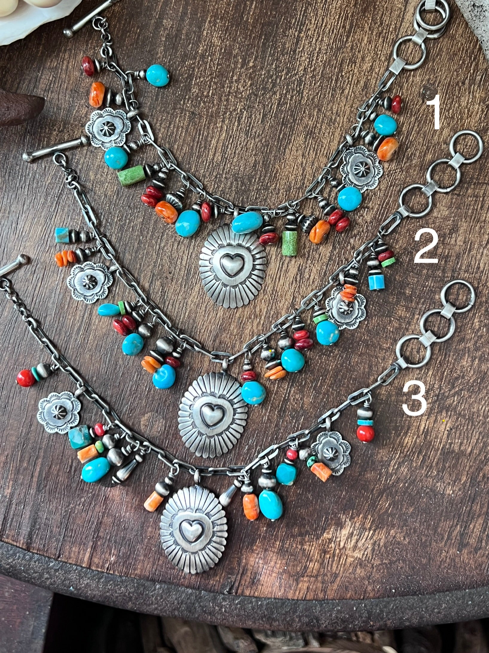 Raymond Coriz Handcrafted Sterling Silver Concho & Multistone Beaded Charm Bracelets