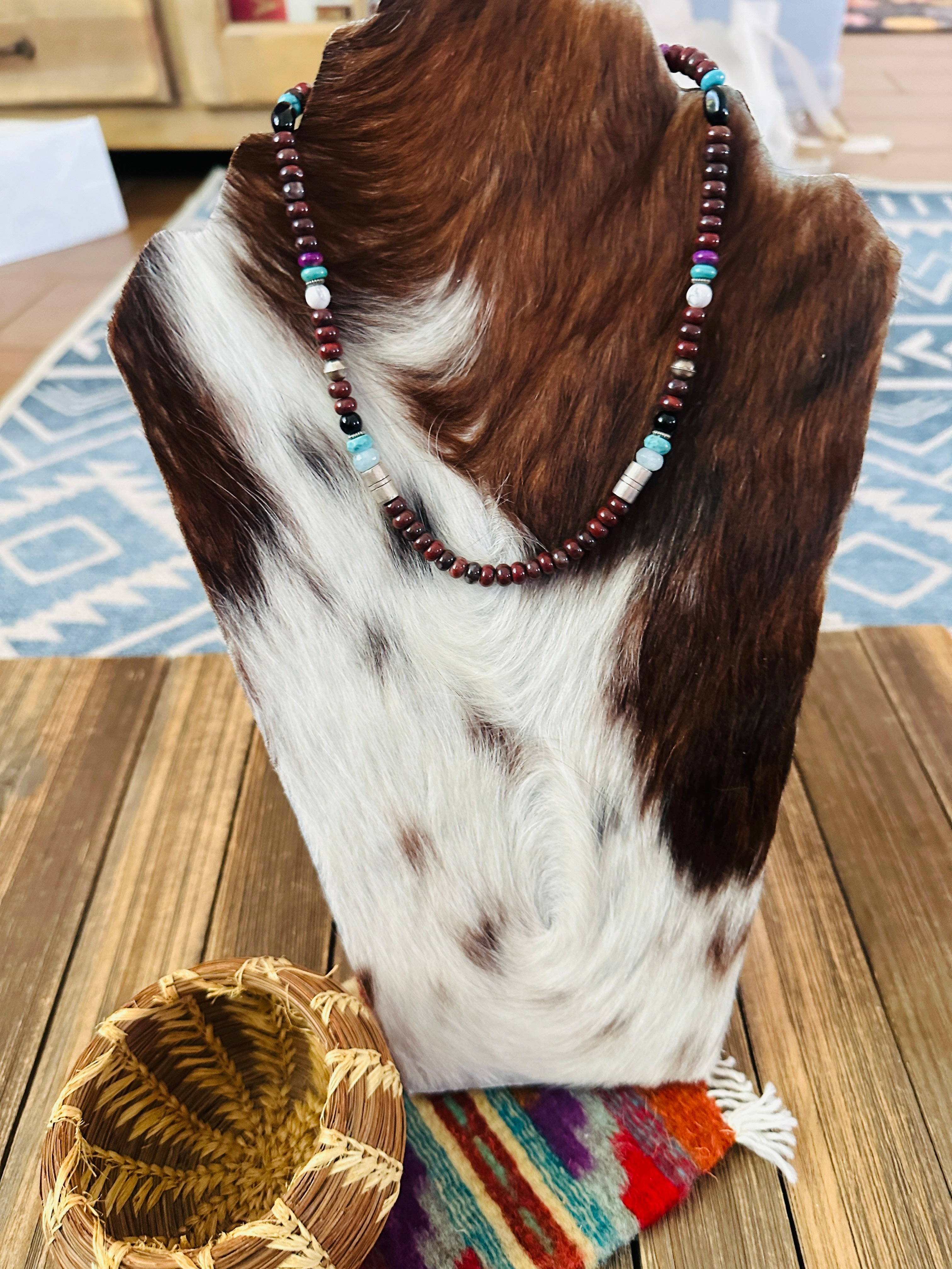 Handcrafted Multi Stone & Sterling Silver Beaded 16” Necklace by T & R Singer