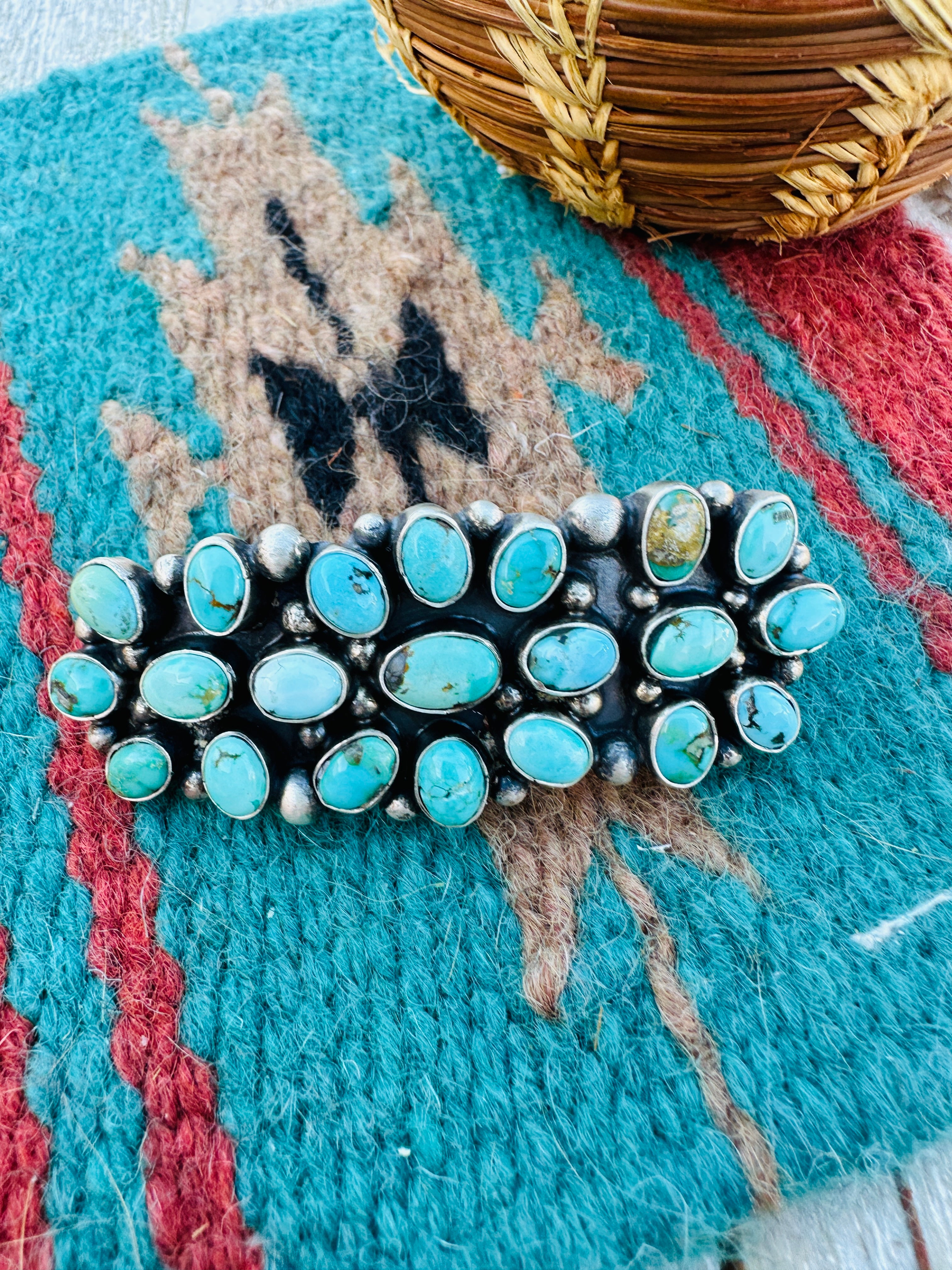 Handcrafted Turquoise & Sterling Silver Cluster Hair Barrette