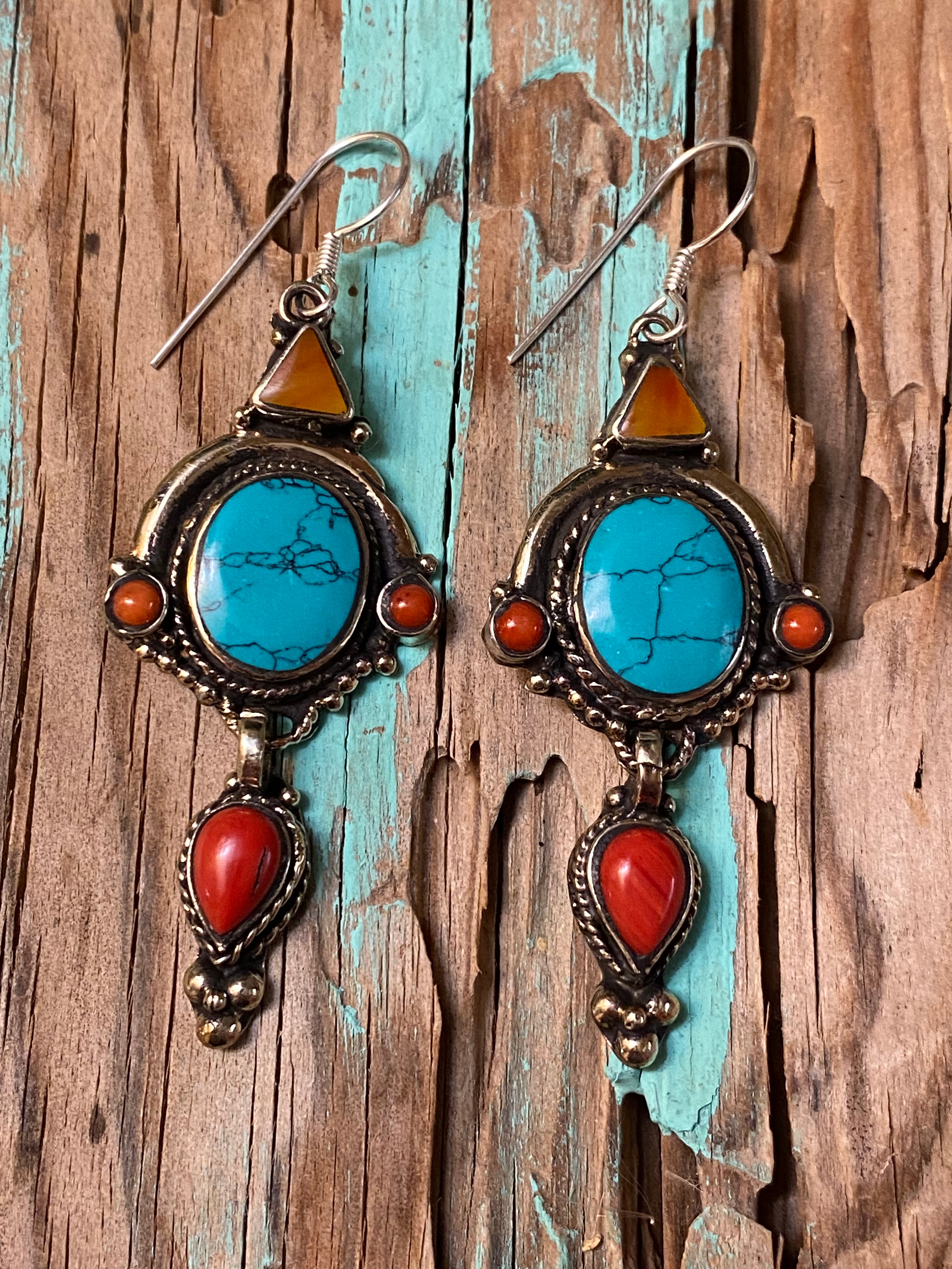 Silver Elegant Turquoise, Red Coral, & Orange Spiny Dangle Statement Earrings