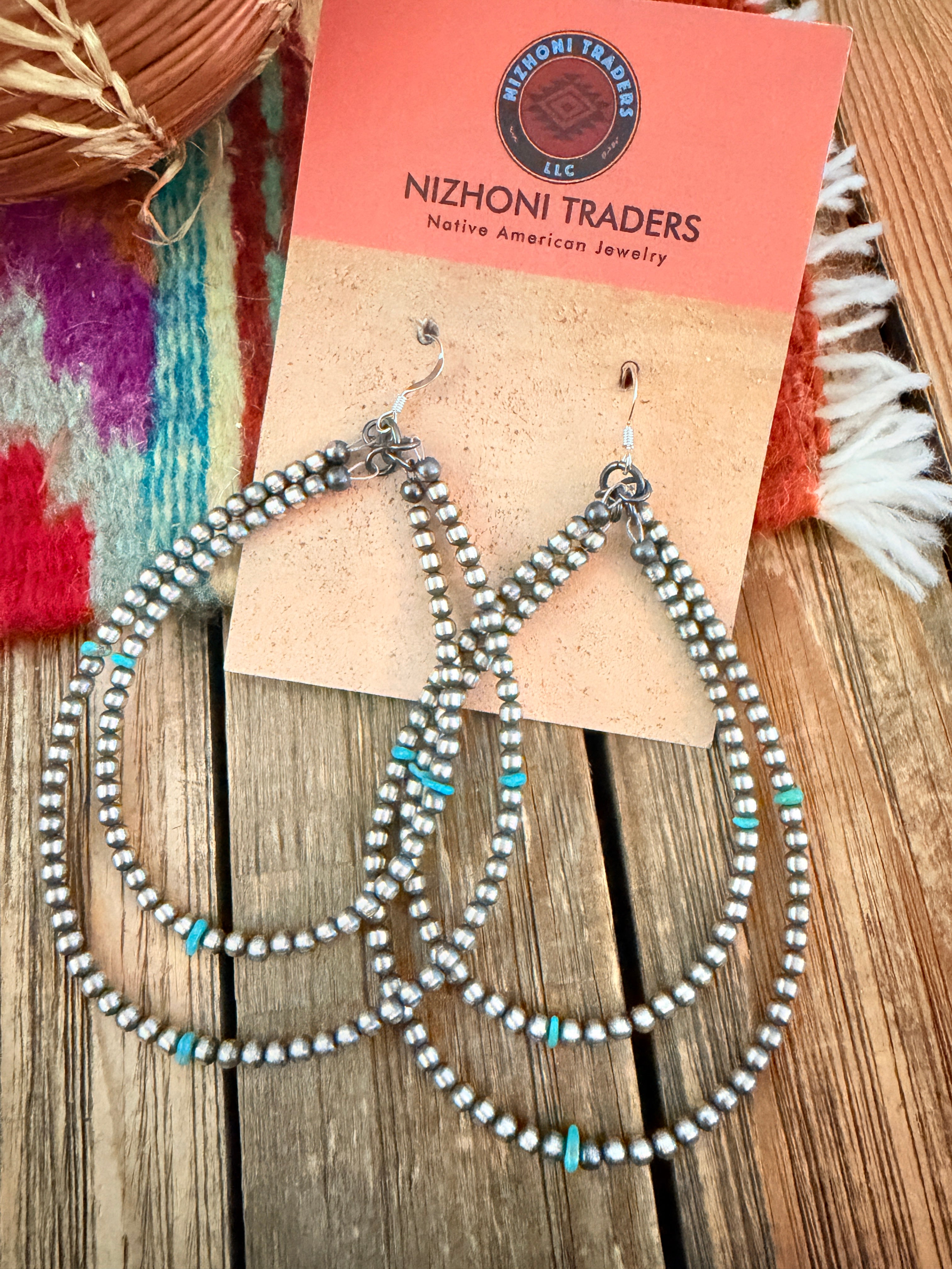 Handcrafted Turquoise & Sterling Silver Pearl Beaded Dangle Hoop Earrings
