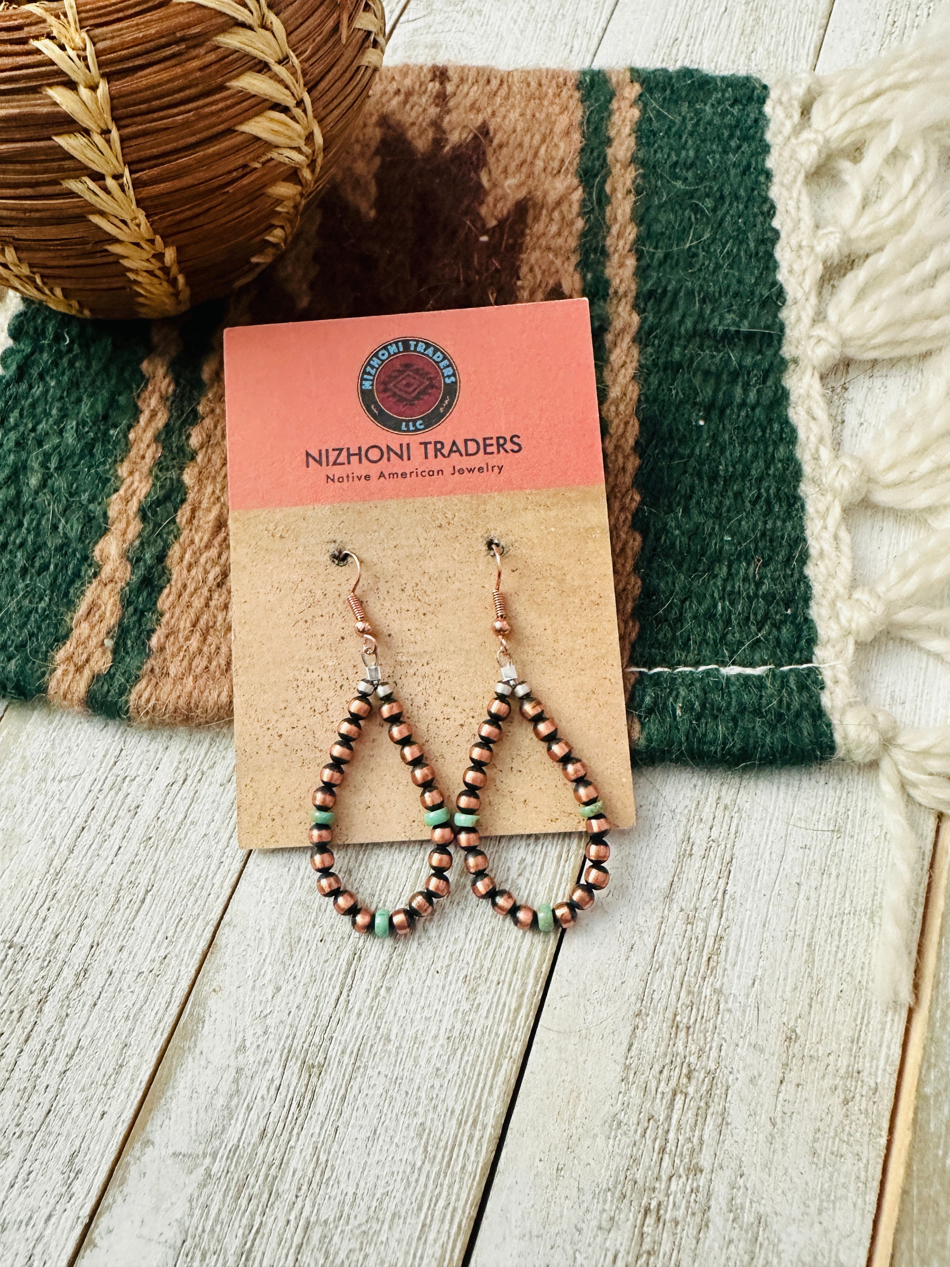 Navajo Copper & Turquoise Beaded Dangle Hoop Earrings