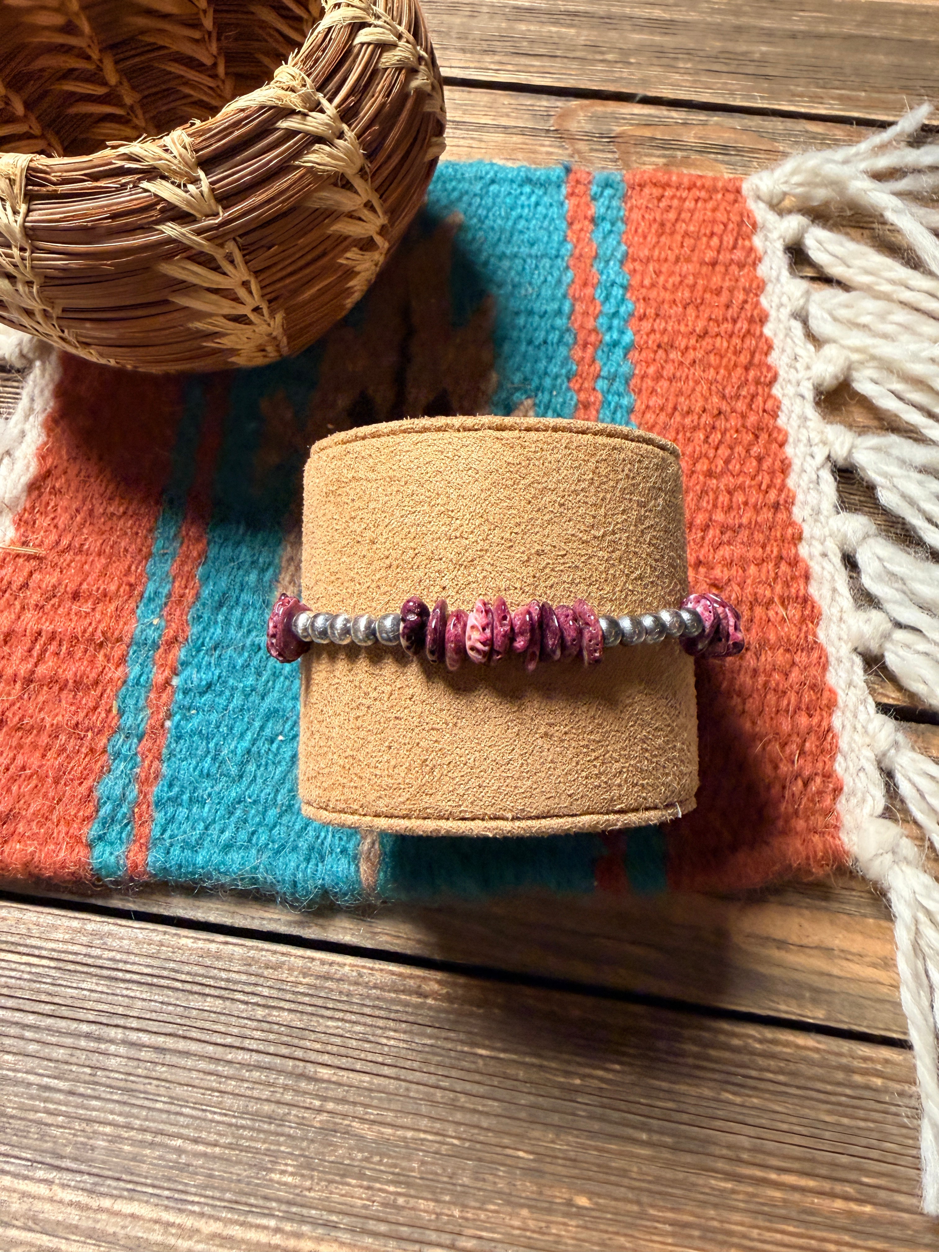 Handcrafted Purple Spiny Oyster & Sterling Silver Beaded Stretch Bracelet