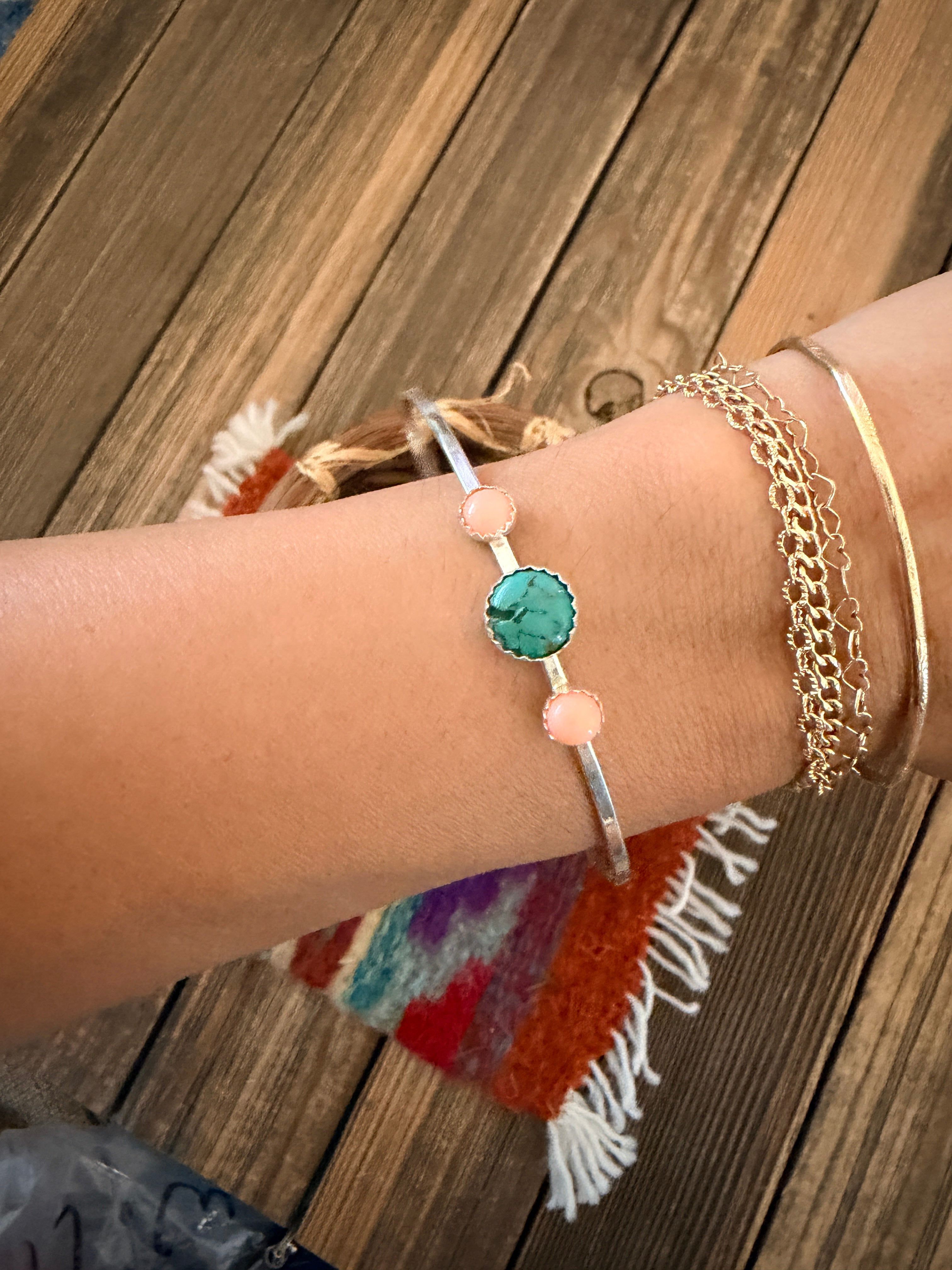 Handmade Queen Pink Conch, Turquoise & Sterling Silver Bangle Bracelet