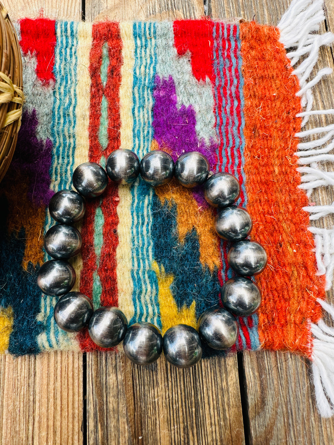 Handcrafted 12mm Sterling Silver Beaded Stretch Bracelet