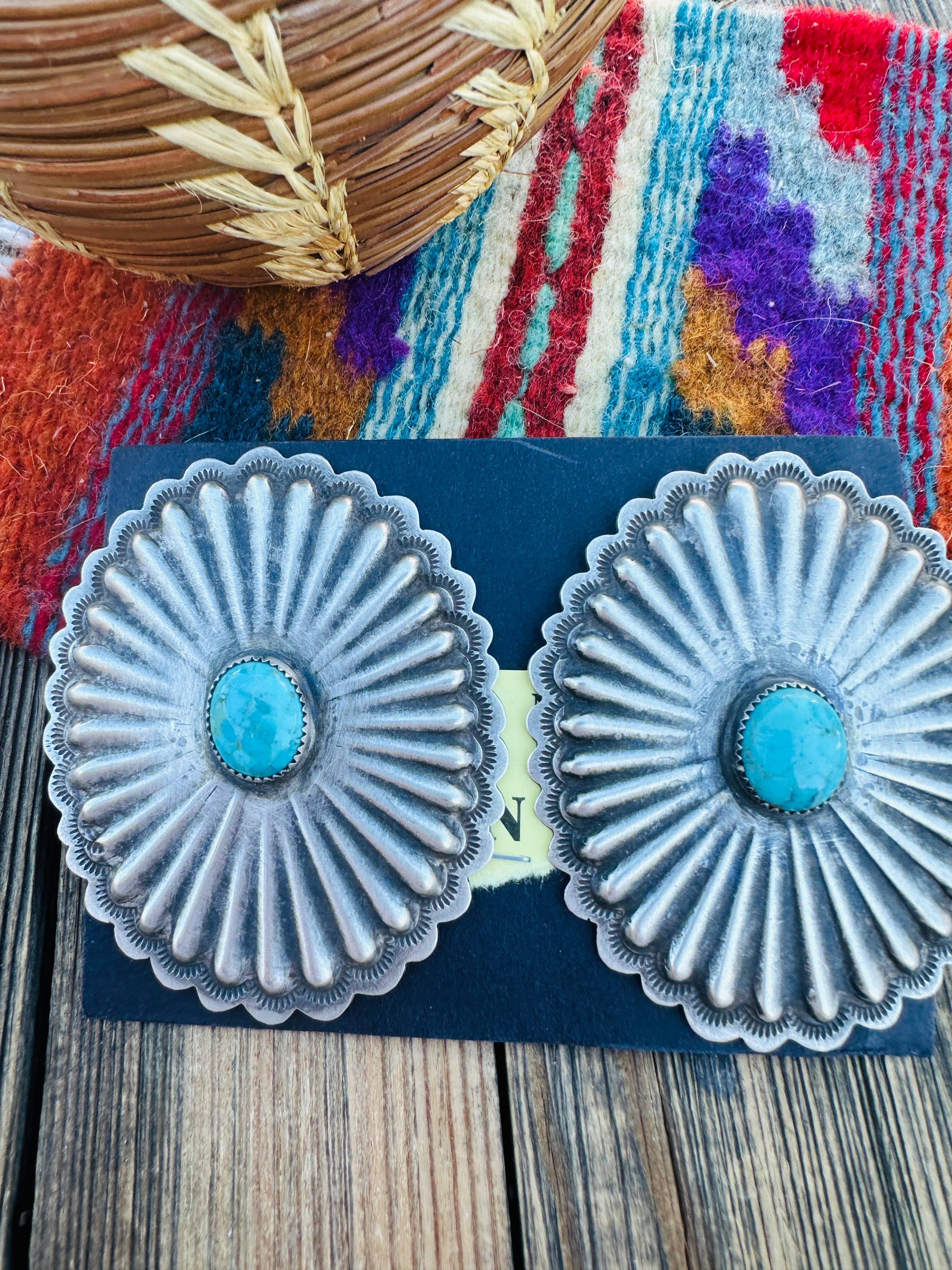 Handcrafted Old Pawn Sterling Silver & Turquoise Concho Post Earrings