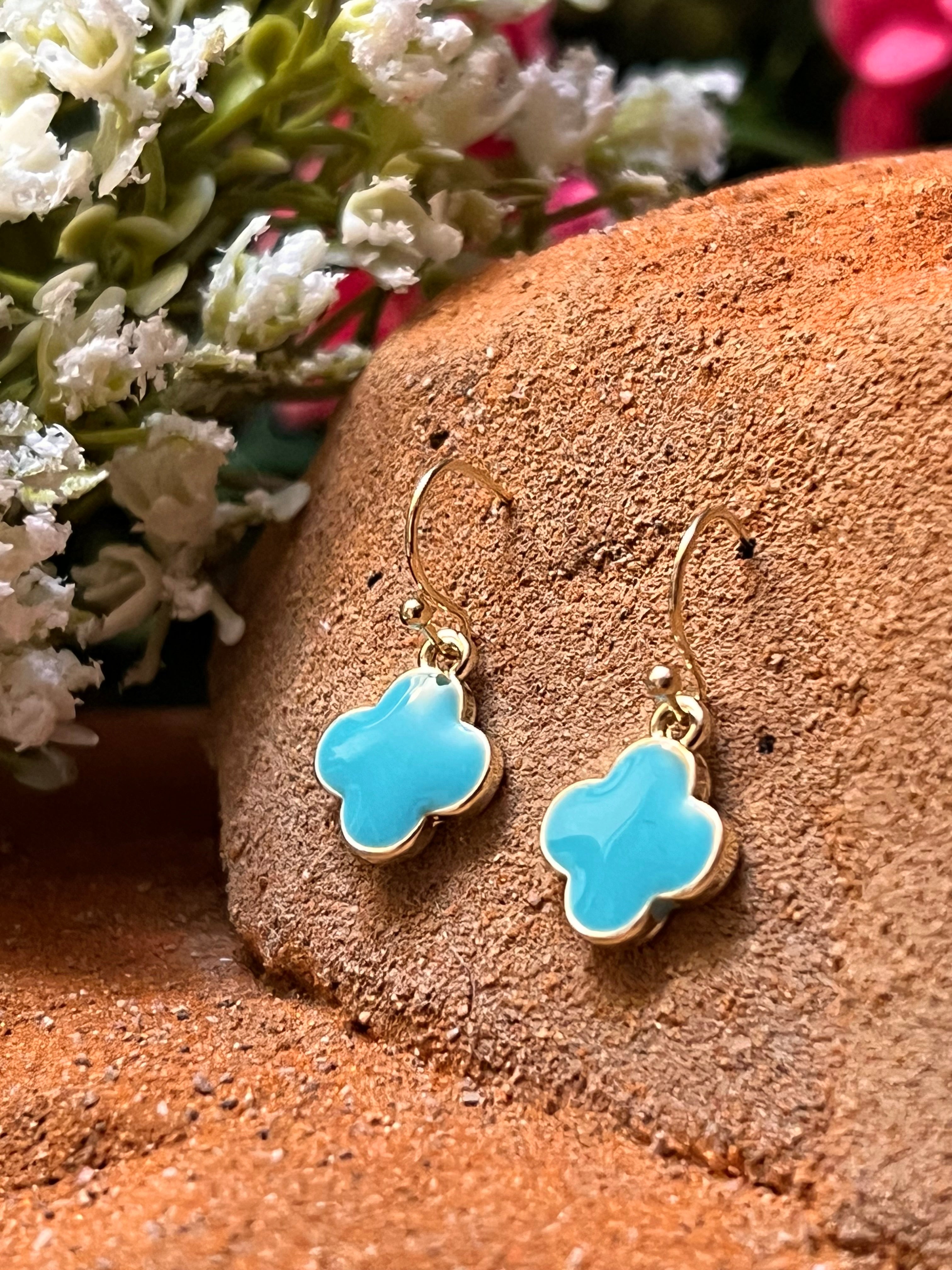14k Gold Plated Small Turquoise Colored Clover Wire Earrings