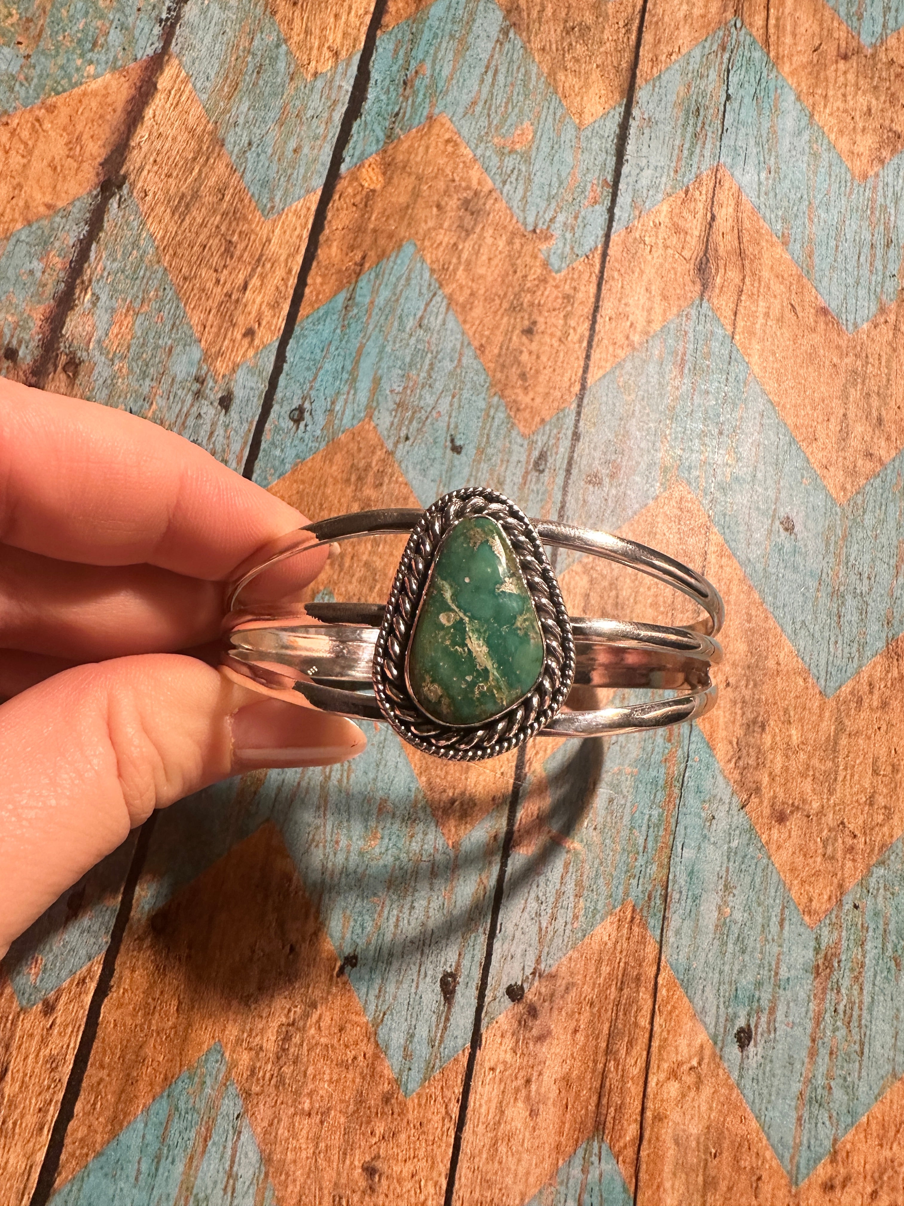 Handmade Sonoran Turquoise & Sterling Silver Single Stone Adjustable Cuff Bracelet