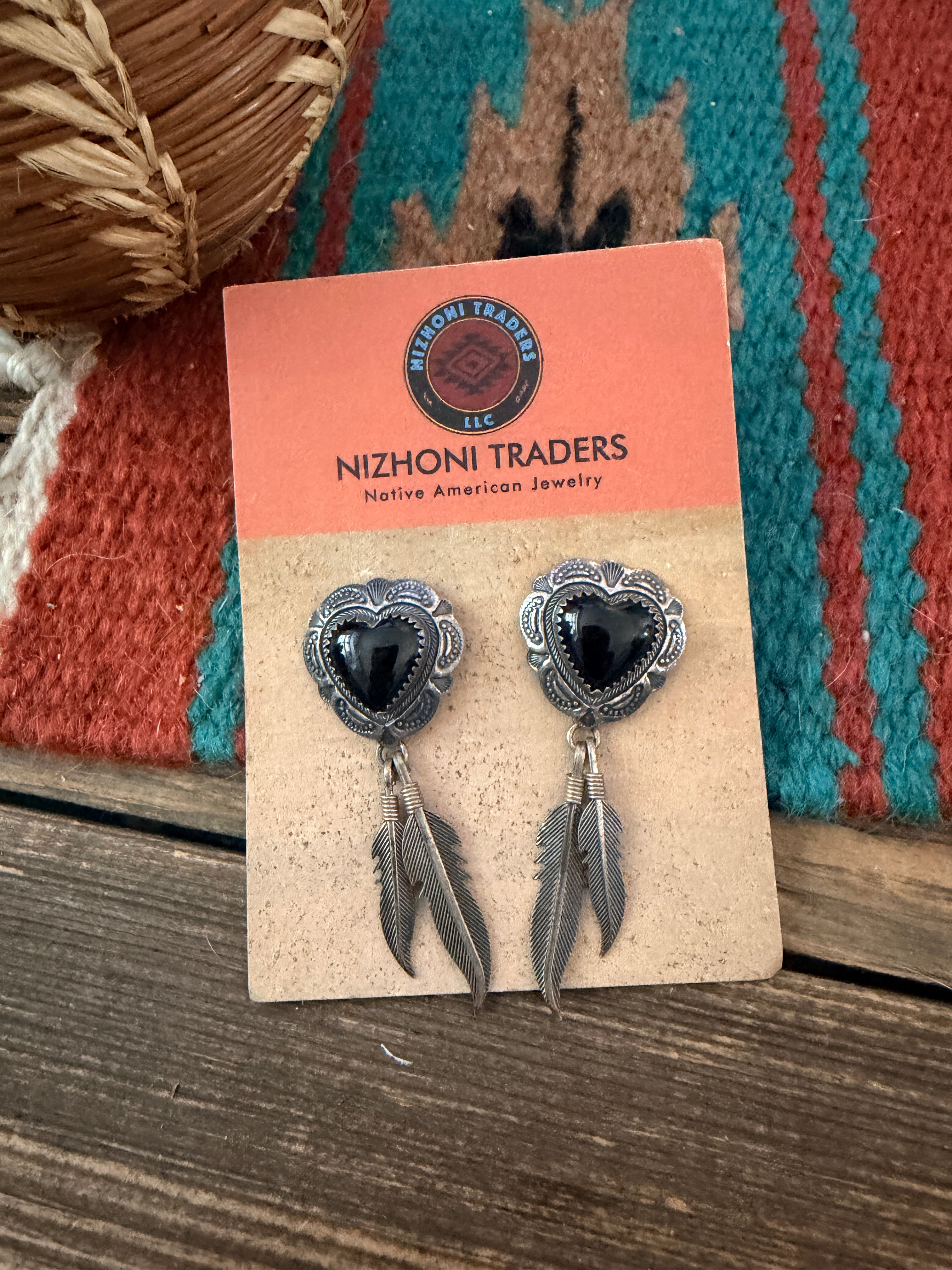 Old Pawn Vintage Handcrafted Onyx & Sterling Silver Heart Dangle Earrings