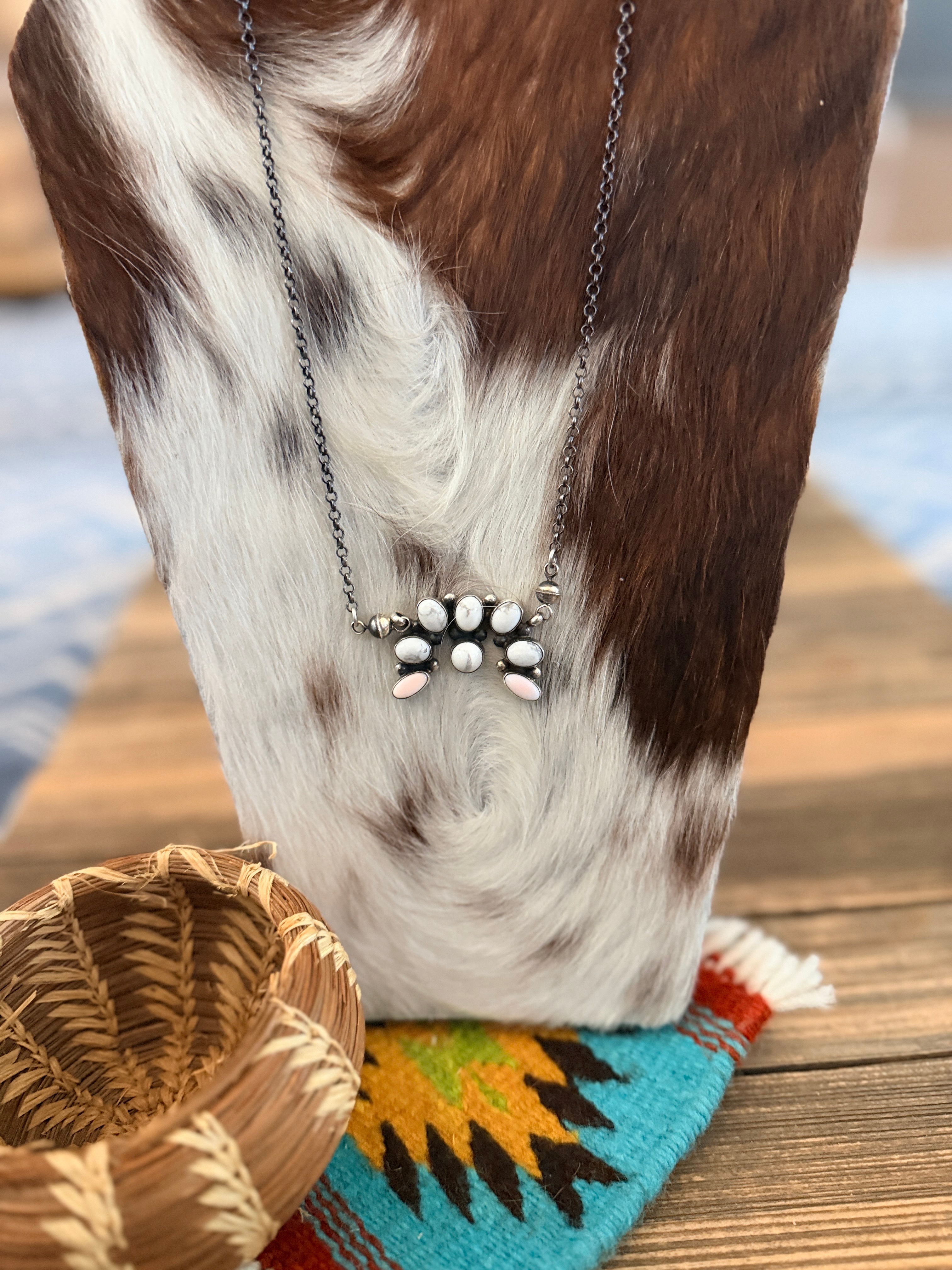 Handcrafted Queen Pink Conch, White Buffalo & Sterling Silver Naja Necklace by Jacqueline Silver