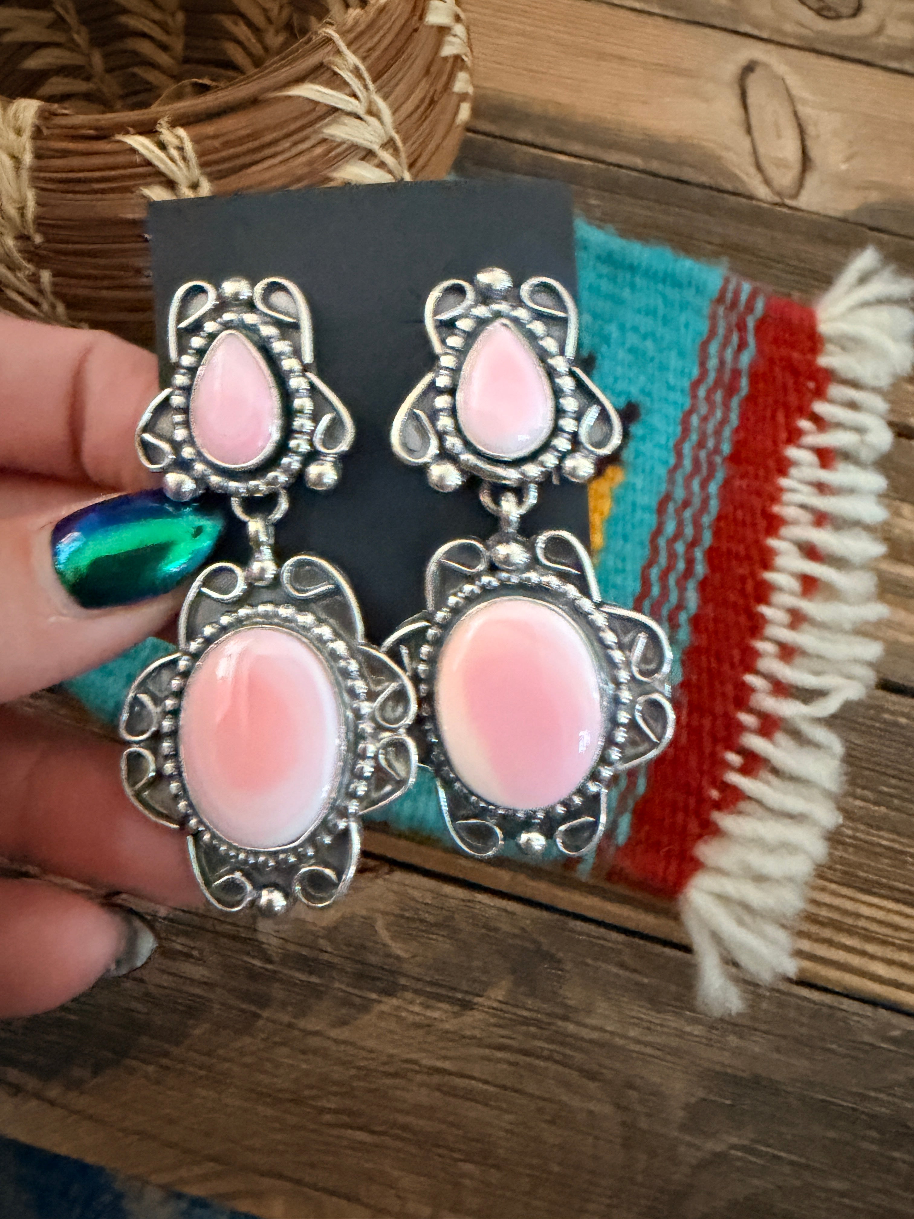 Handcrafted Queen Pink Conch & Sterling Silver Dangle Earrings