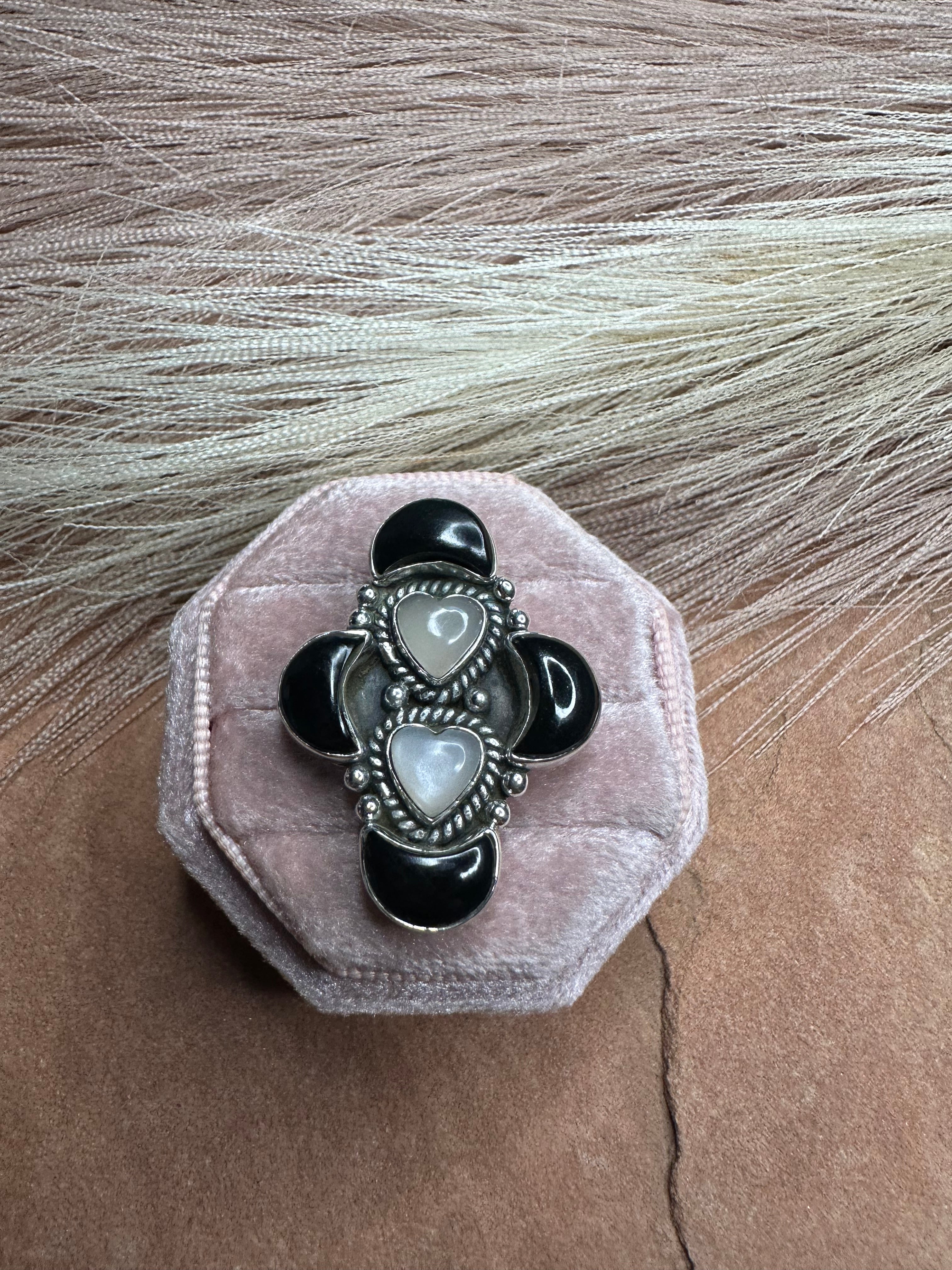 Beautiful Handmade Mother of Pearl, Onyx And Sterling Silver Adjustable Heart Ring