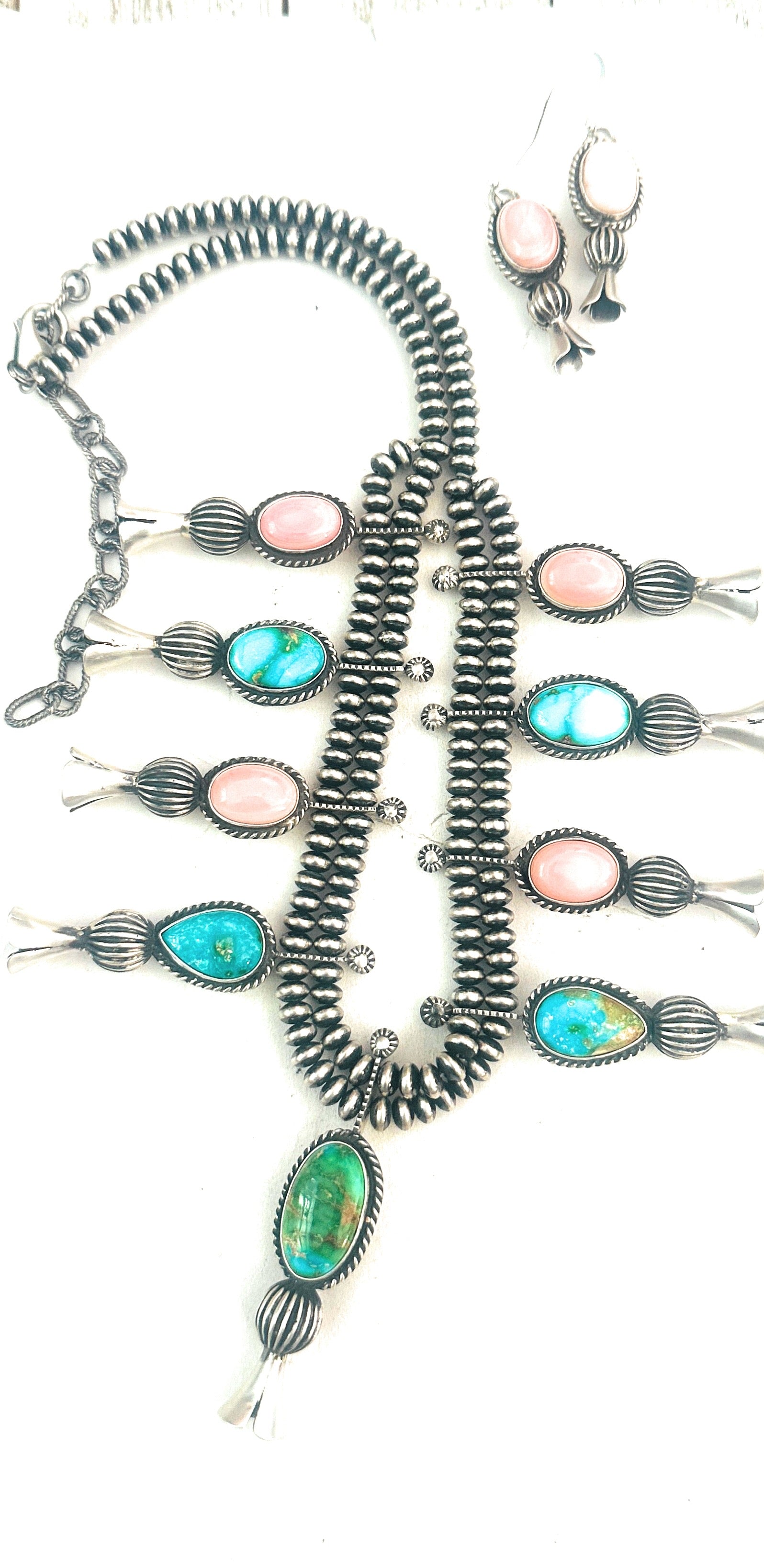 Navajo Turquoise, Pink Conch & Sterling Silver Necklace Set by Russell Sam