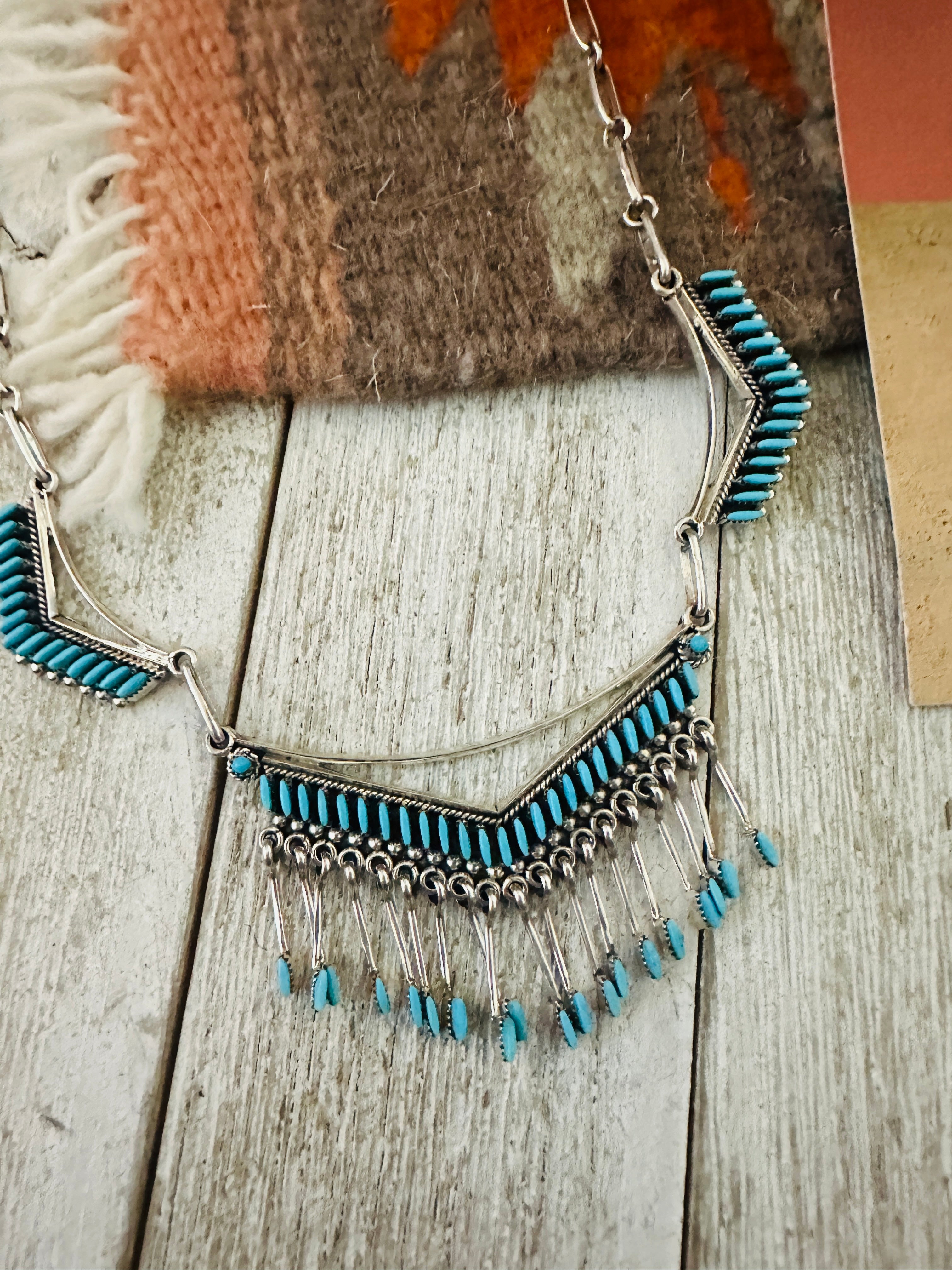 Handcrafted Sterling Silver & Turquoise Needlepoint Necklace Set