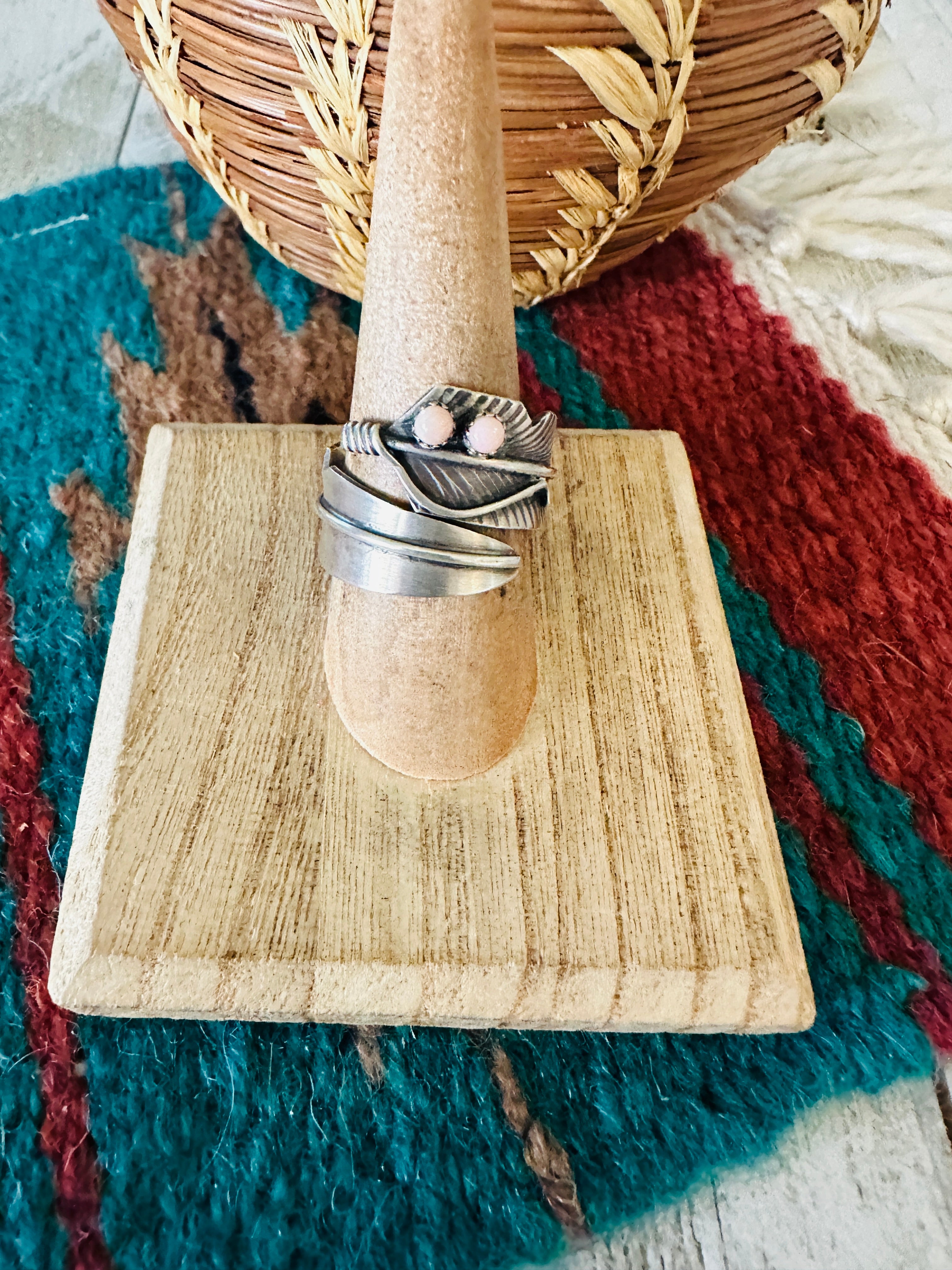 Navajo Sterling Silver & Queen Pink Conch Feather Adjustable Ring