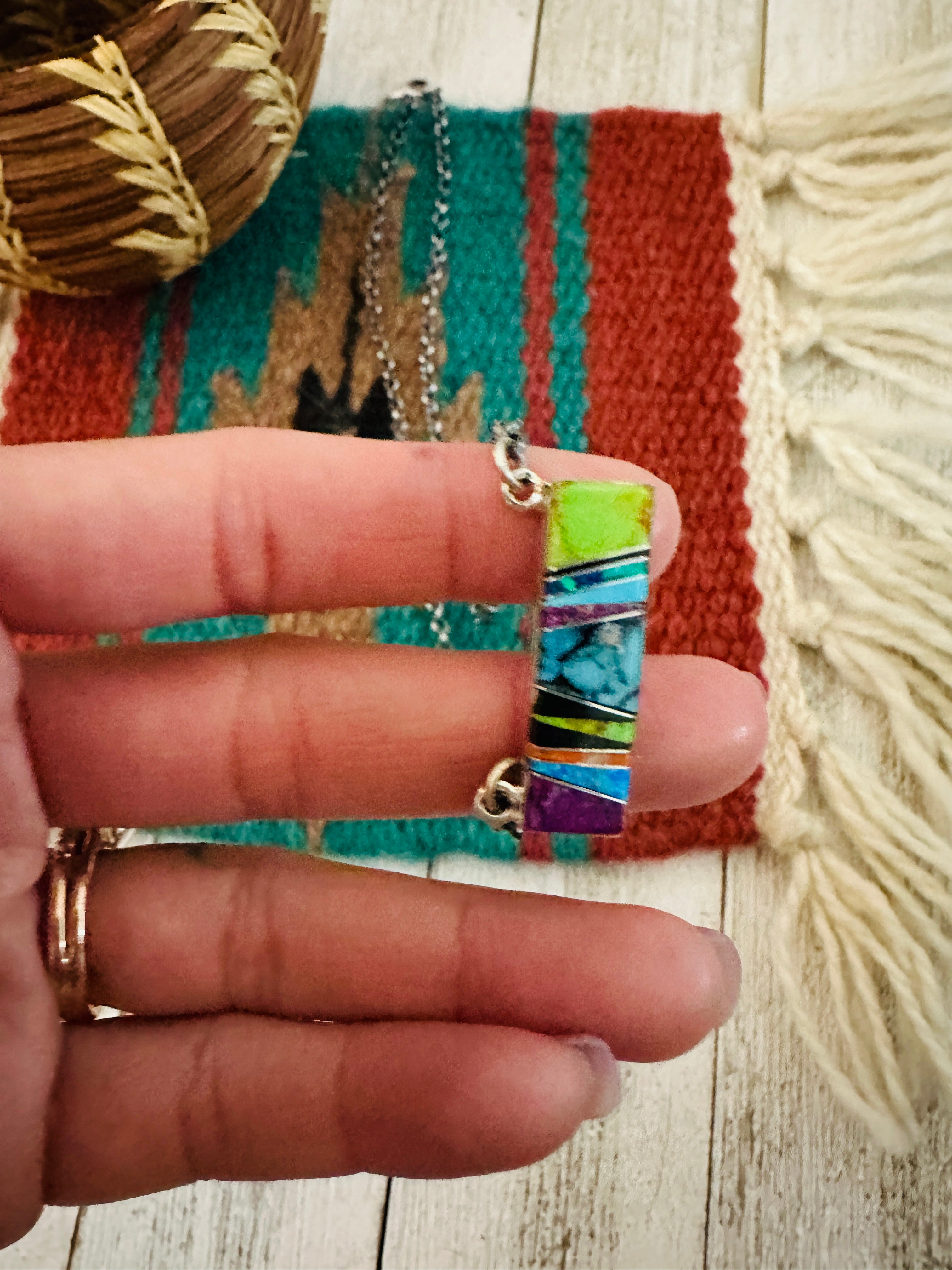 Navajo Multi Stone & Sterling Silver Inlay Bar Necklace