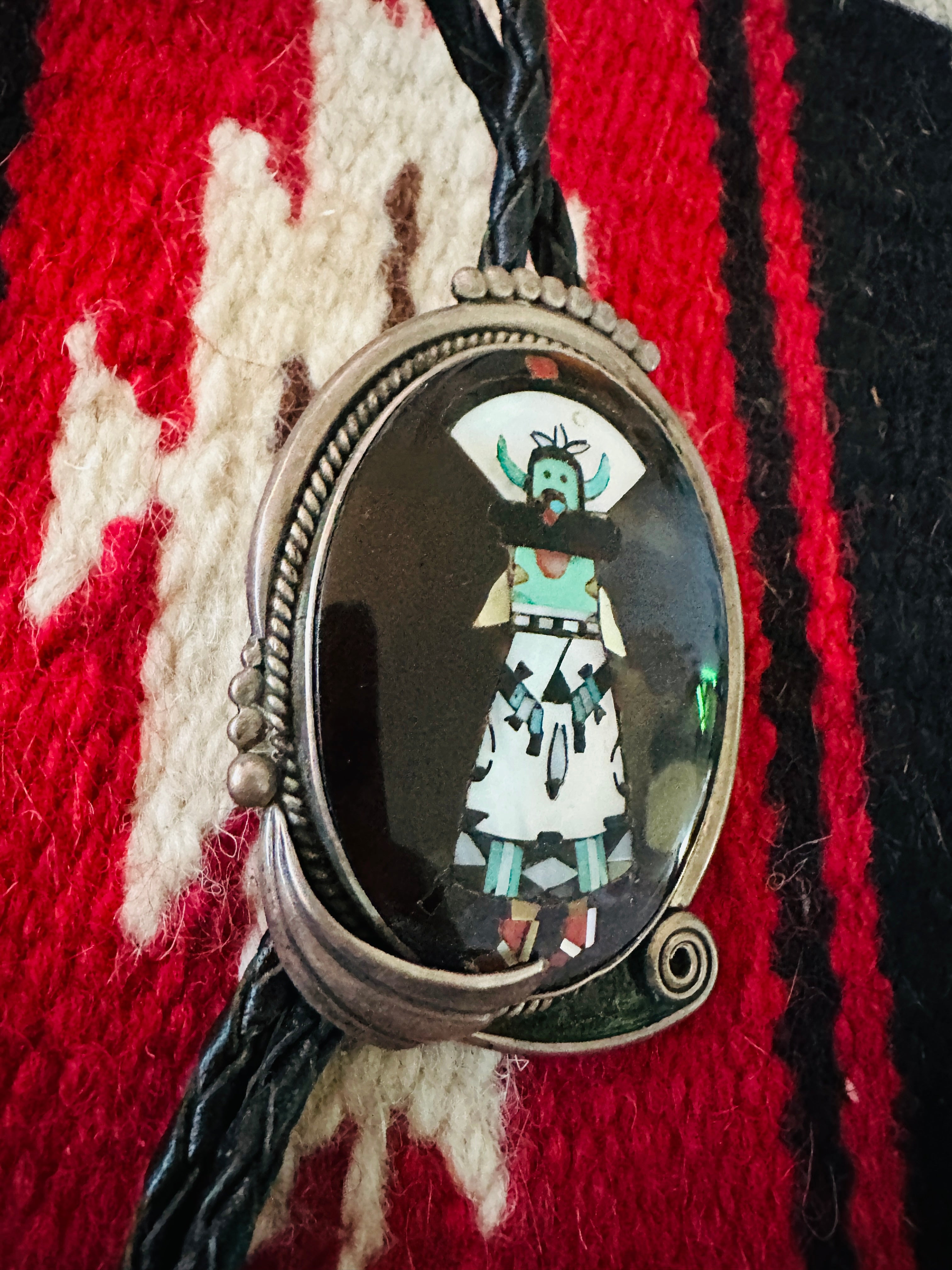 Vintage Old Pawn Sterling Silver & Multi Stone Inlay Bolo Tie