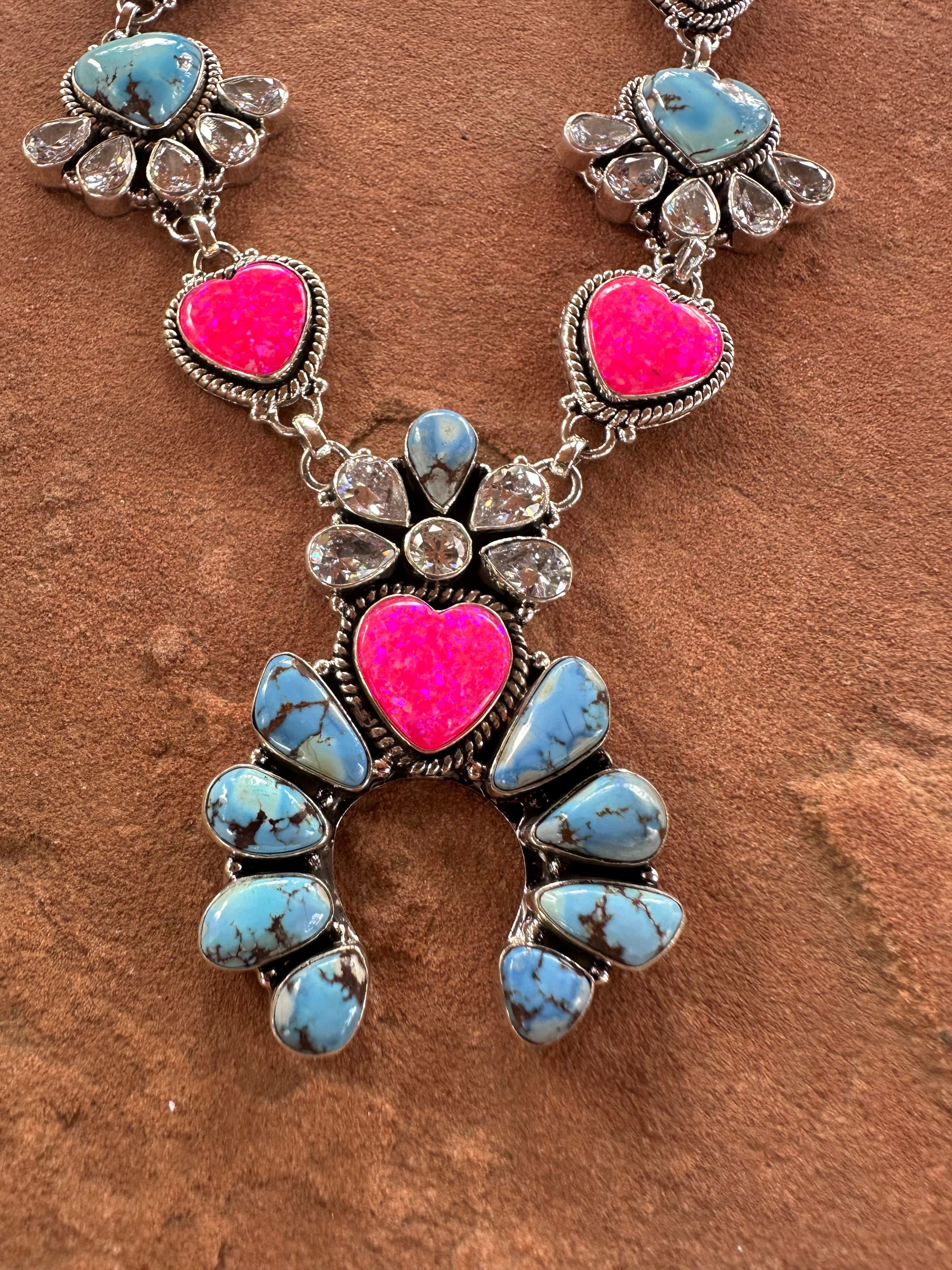 Handmade Sterling Silver, Golden Hills Turquoise, CZ & Pink Fire Opal Necklace Set Signed Nizhoni