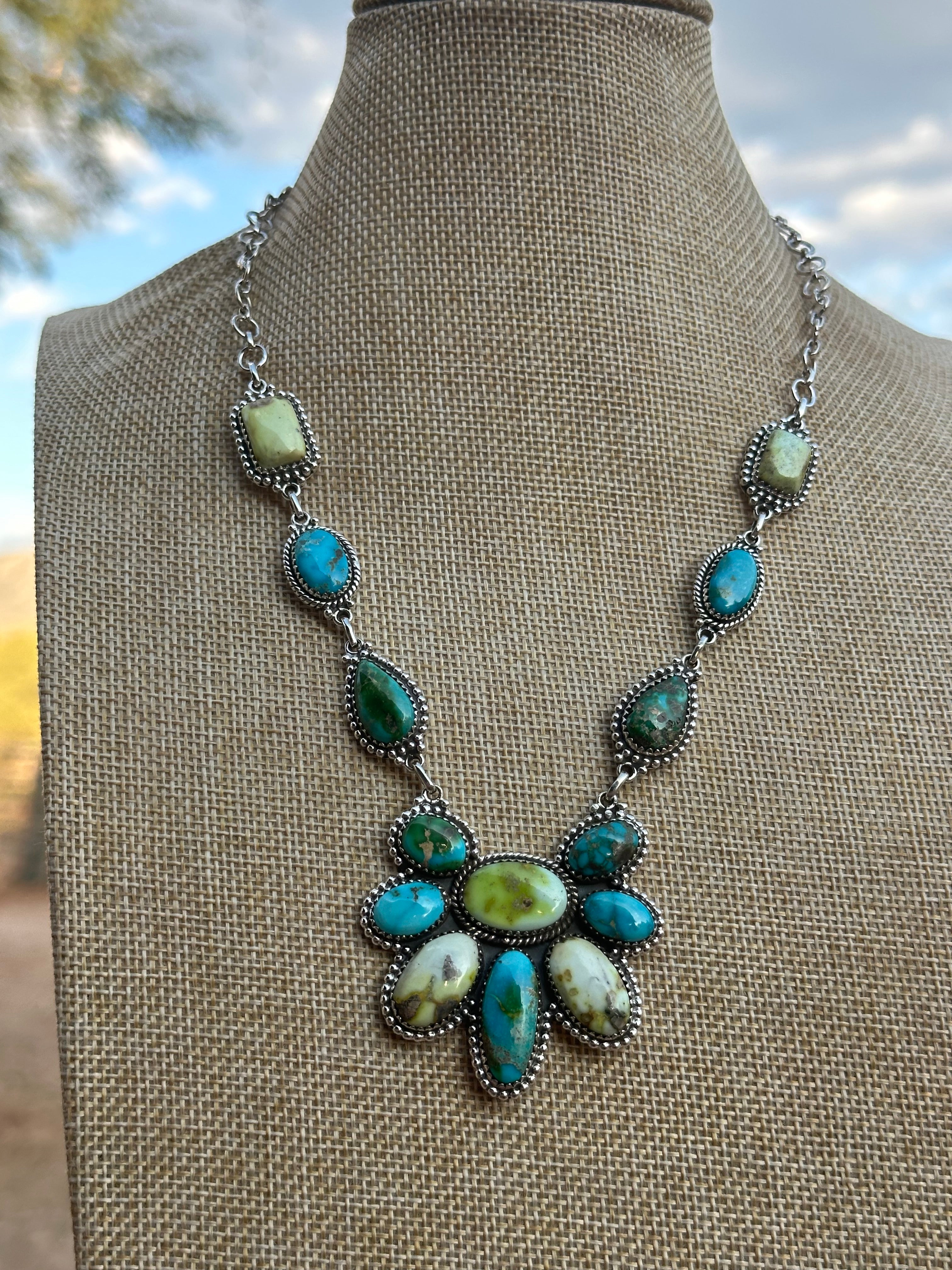 Beautiful Handmade Sterling Silver & South Hills Sonoran & Palomino Turquoise  Necklace