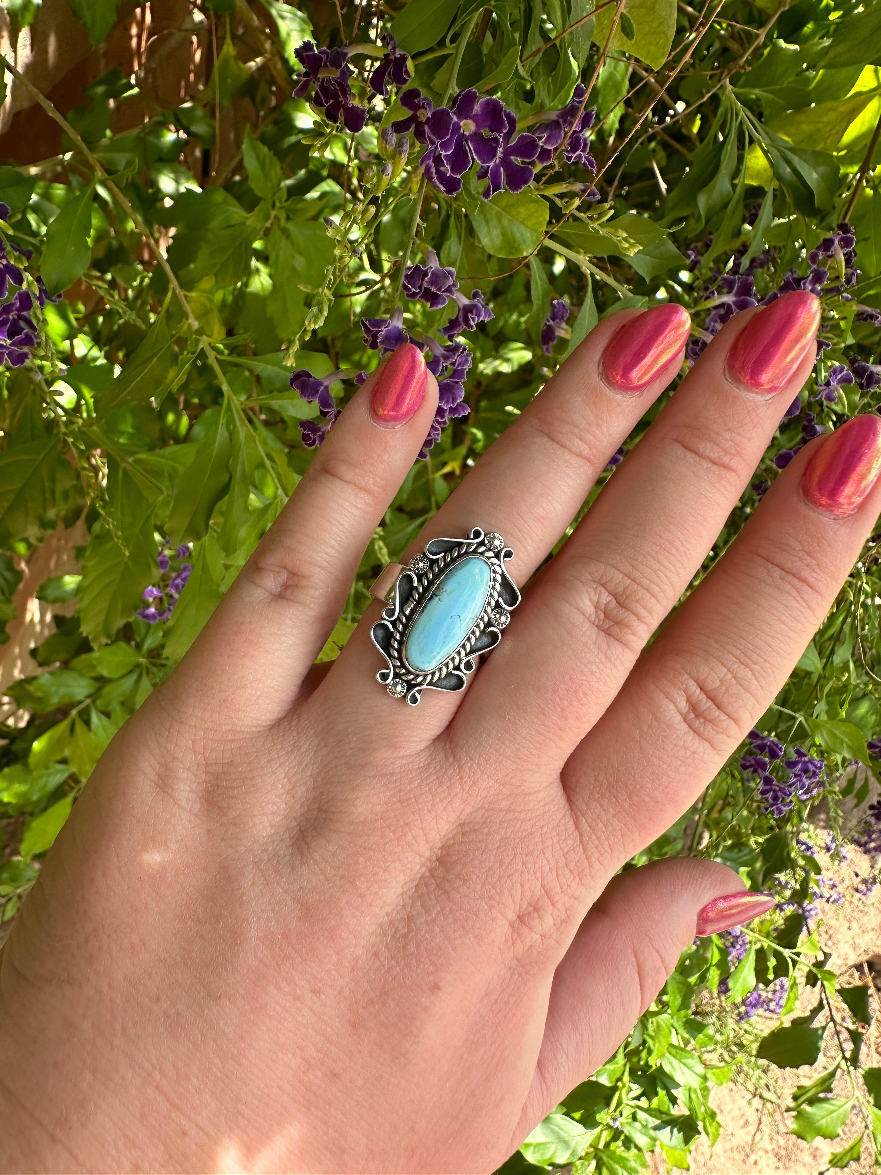 Handmade Golden Hills Turquoise & Sterling Silver Single Stone Adjustable Ring Signed Nizhoni