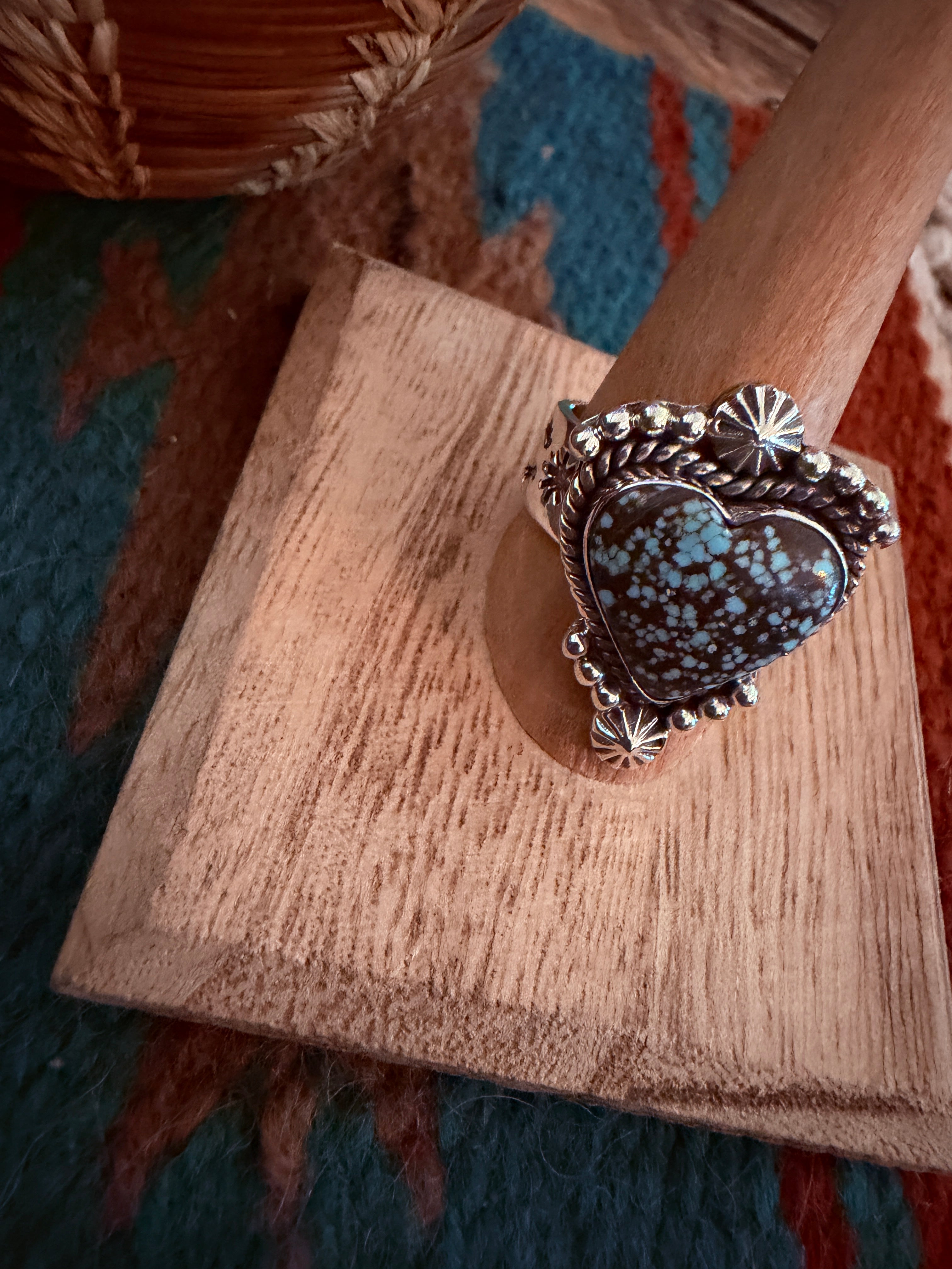 Handmade Sterling Silver Number 8 Turquoise Adjustable Heart Ring Signed Nizhoni