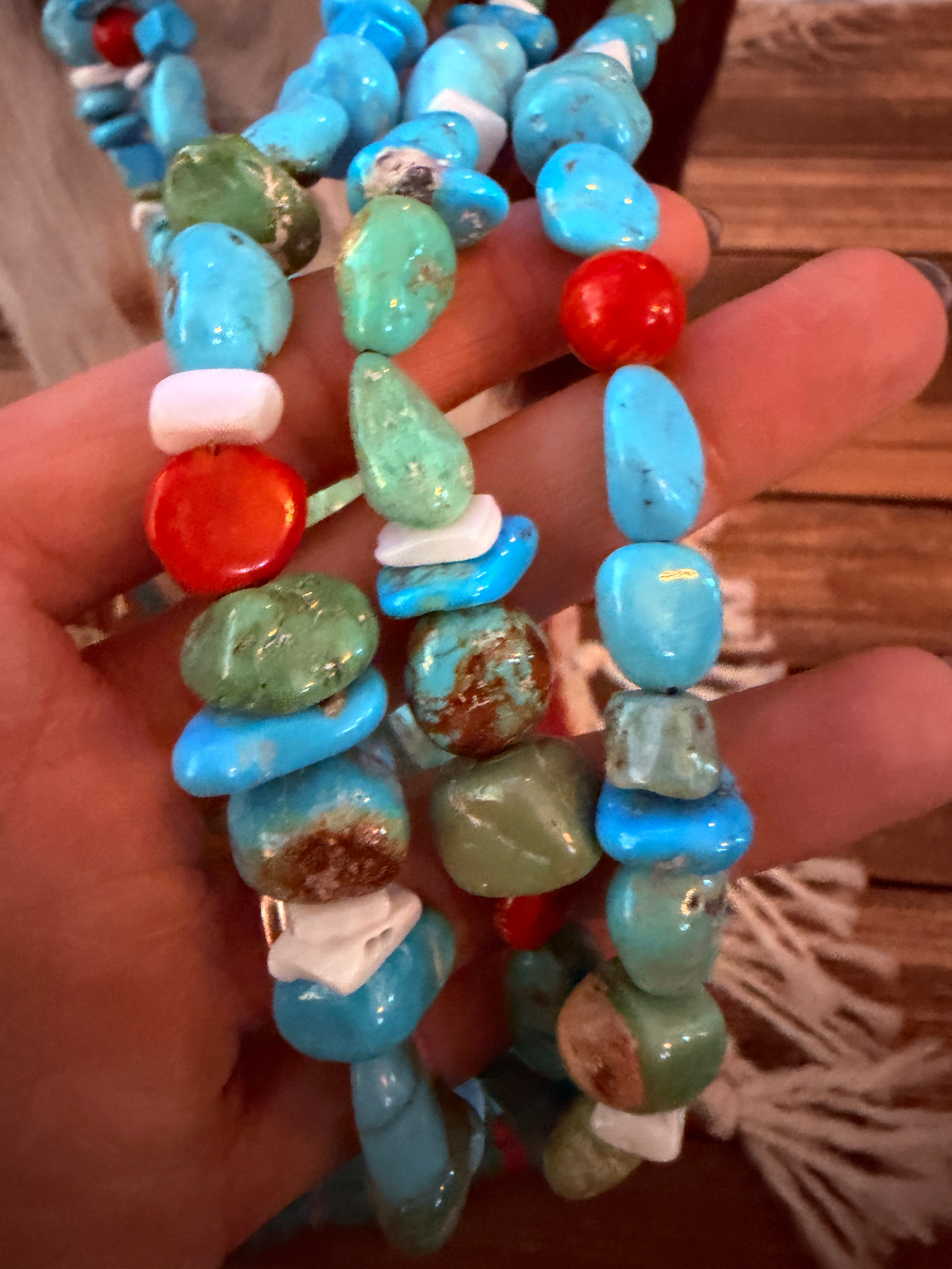 Old Pawn Handcrafted Turquoise, Coral & Shell Beaded 30” Necklace