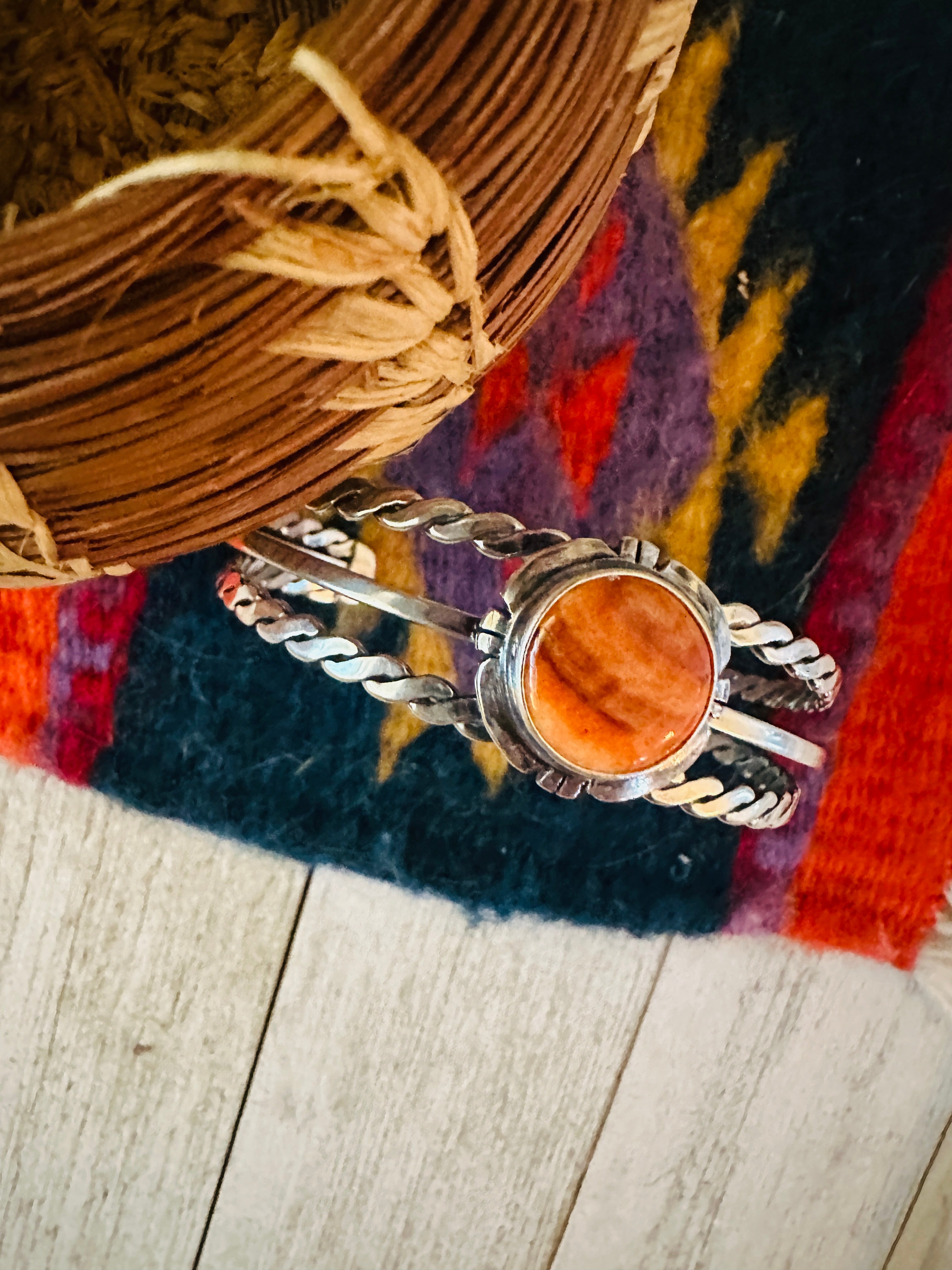 Navajo Sterling Silver & Orange Spiny Oyster Cuff Bracelet