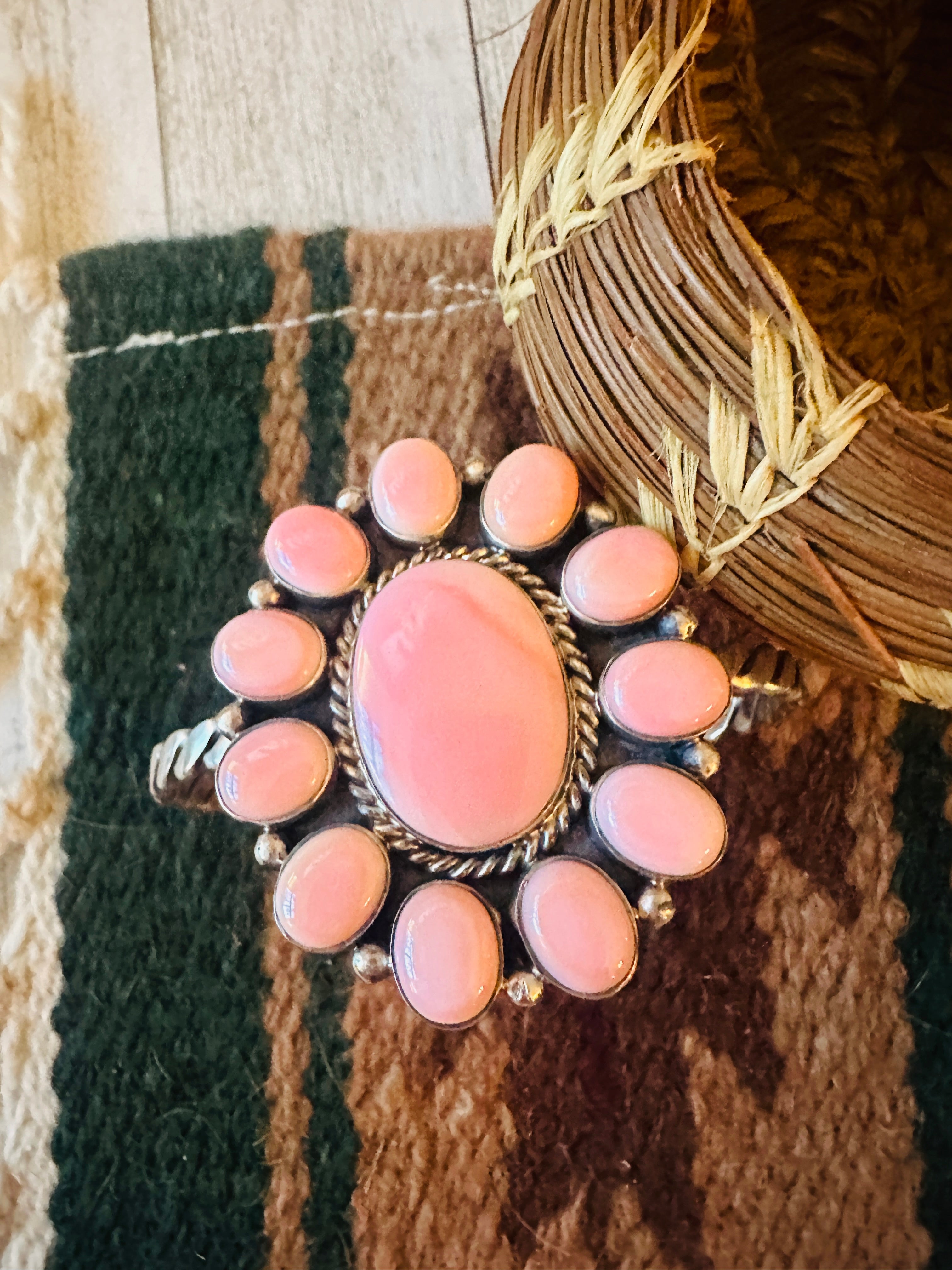 Navajo Queen Pink Conch Shell & Sterling Silver Cluster Cuff Bracelet