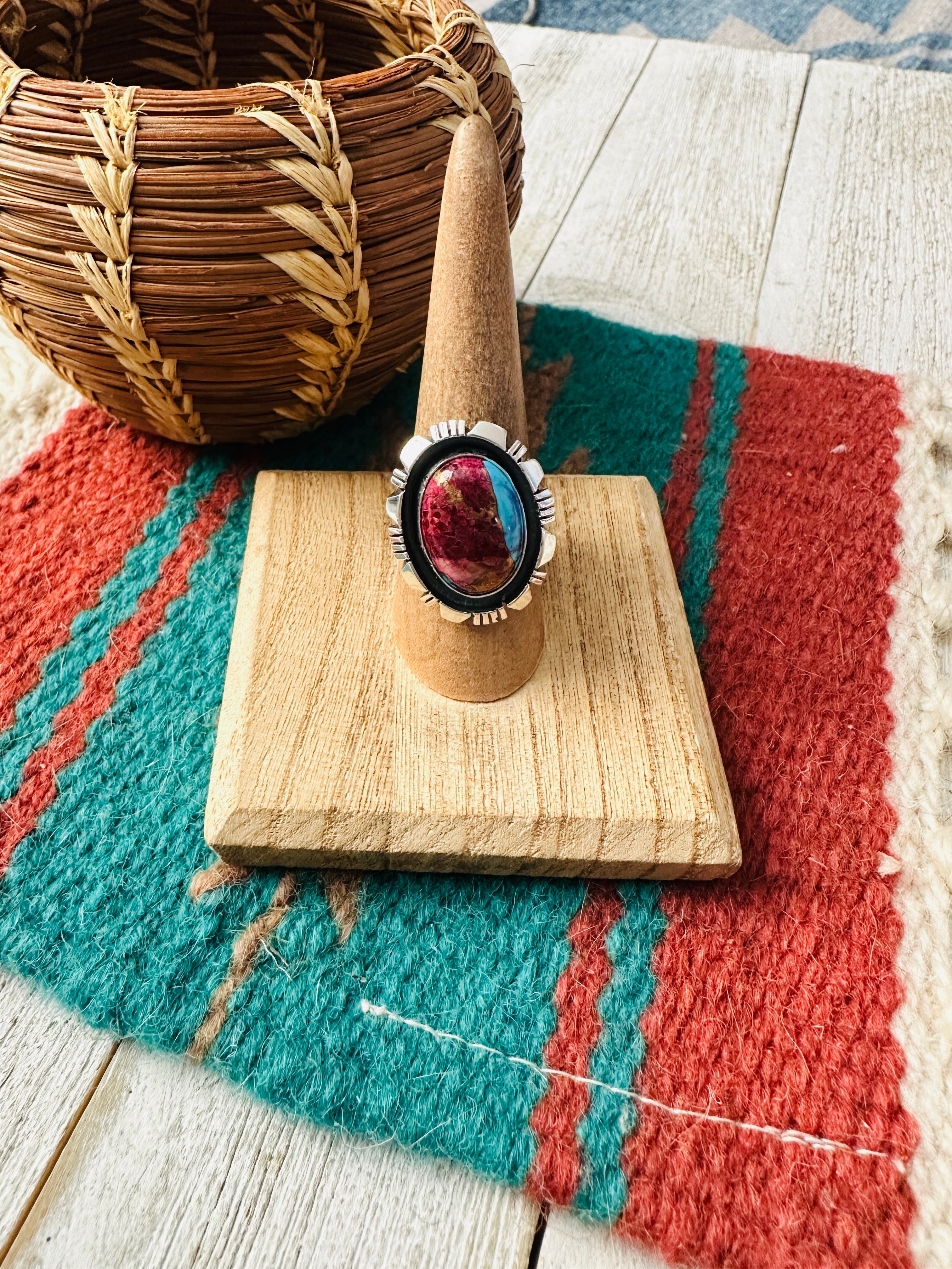 Navajo Sterling Silver & Pink Dream Mojave Adjustable Ring