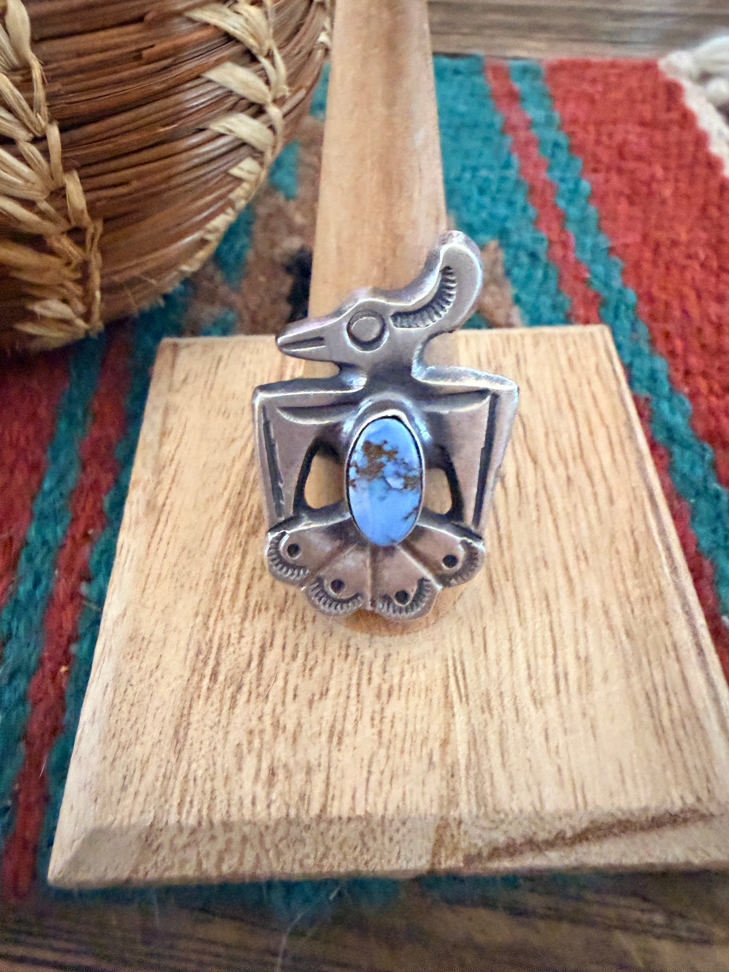 Handcrafted Golden Hills Turquoise and Sterling Silver Thunderbird Ring size 8.5 by Chimney Butte