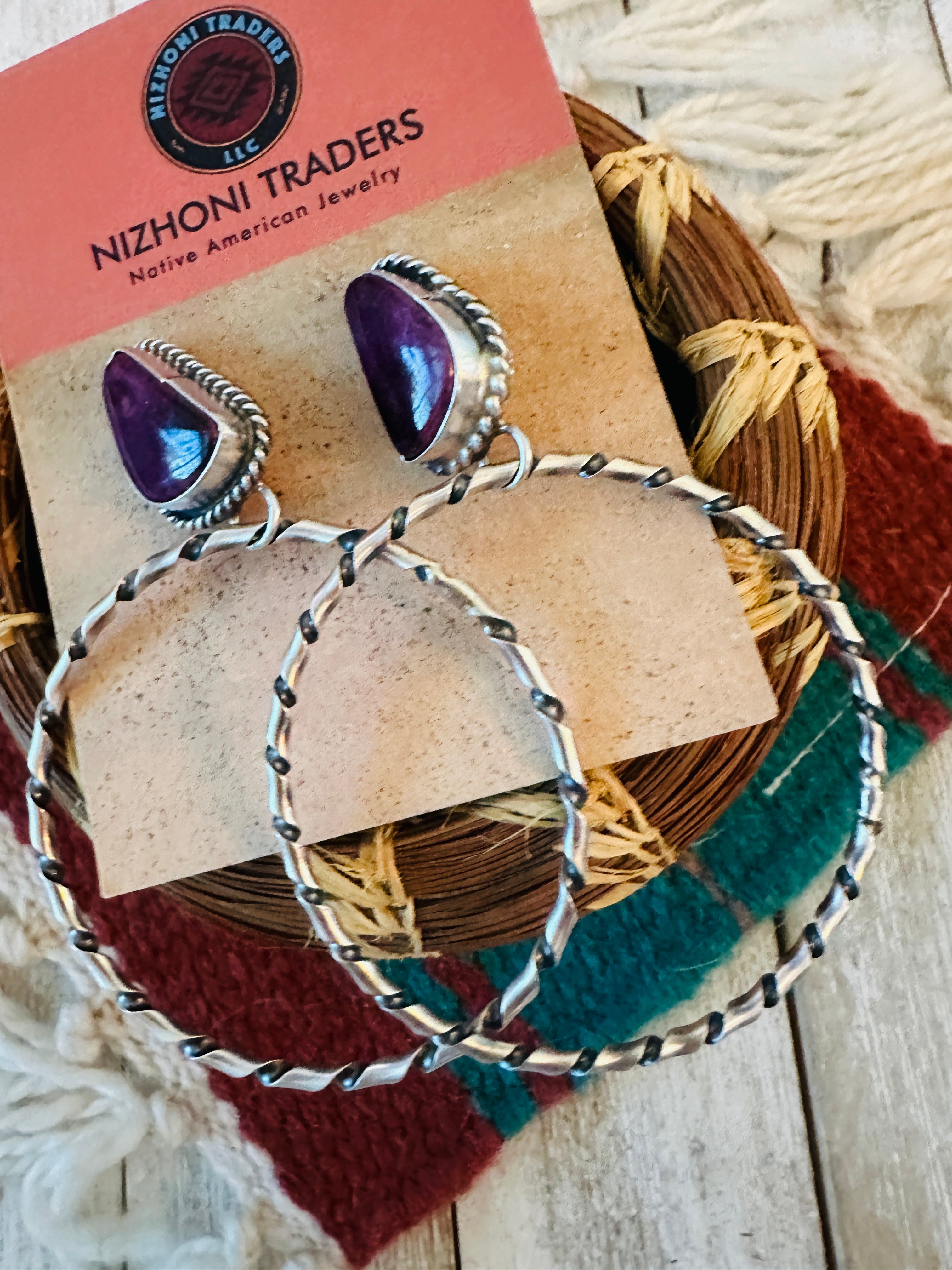 Navajo Purple Spiny and Sterling Silver Dangle Hoop Earrings