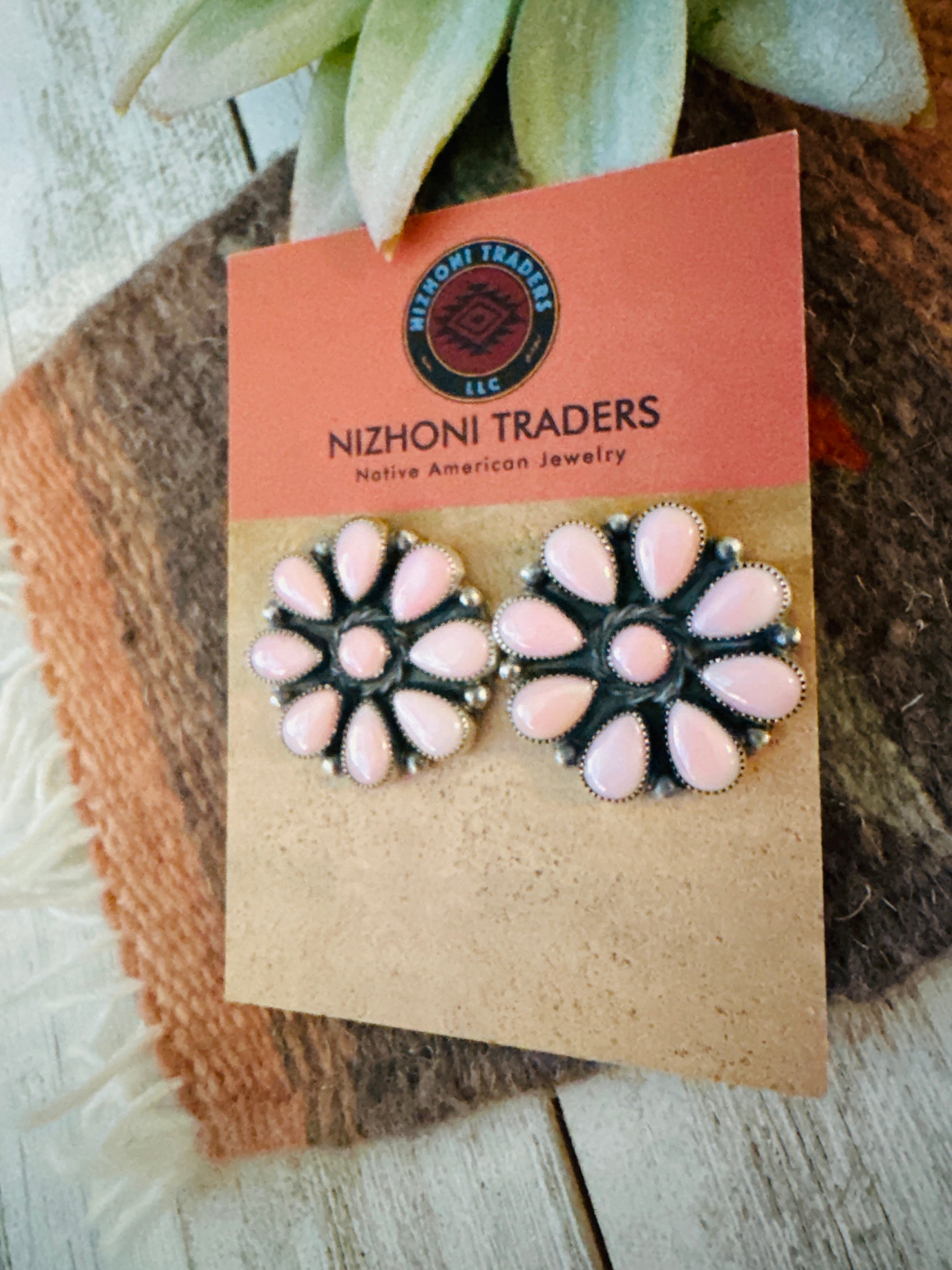 Navajo Queen Pink Conch & Sterling Silver Cluster Stud Earrings