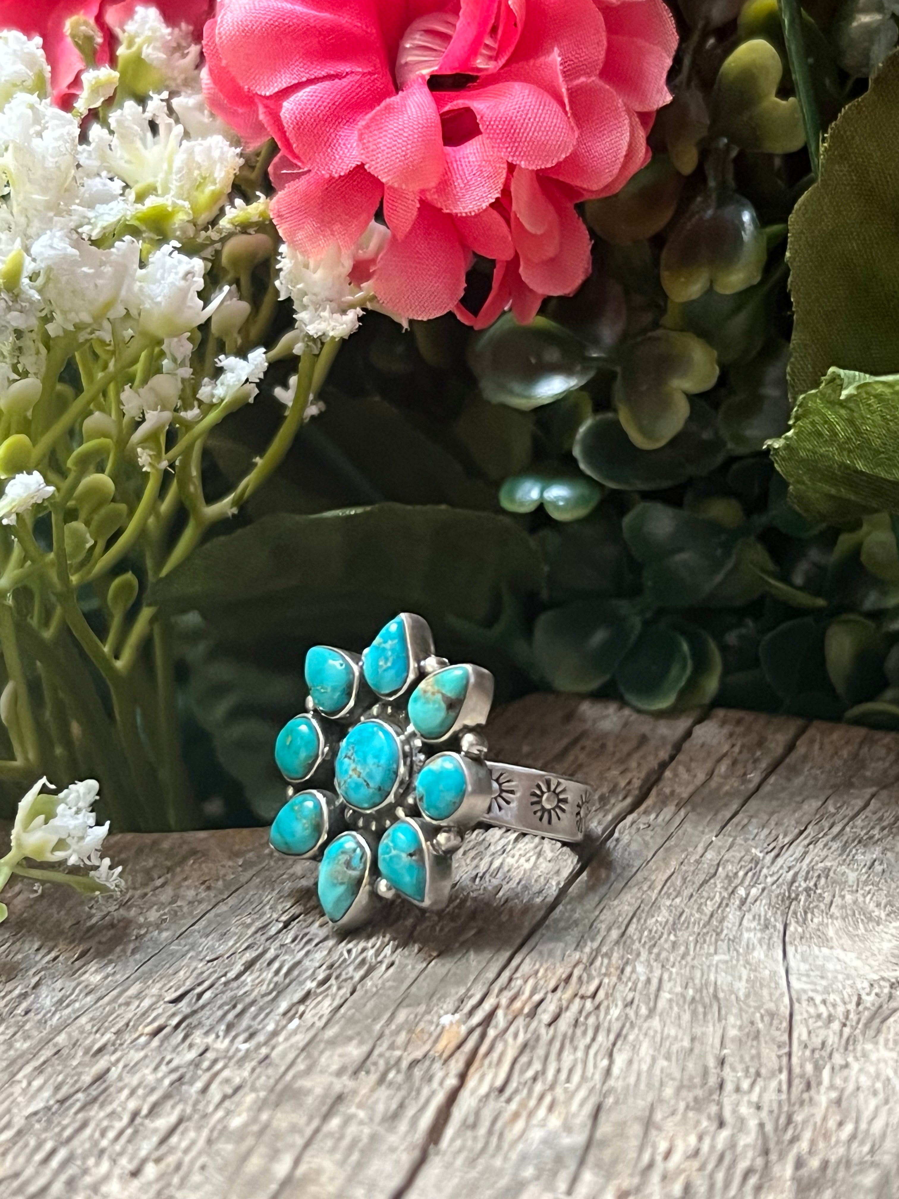 Handmade Kingman Turquoise Cluster Sterling Silver Adjustable Ring (03)