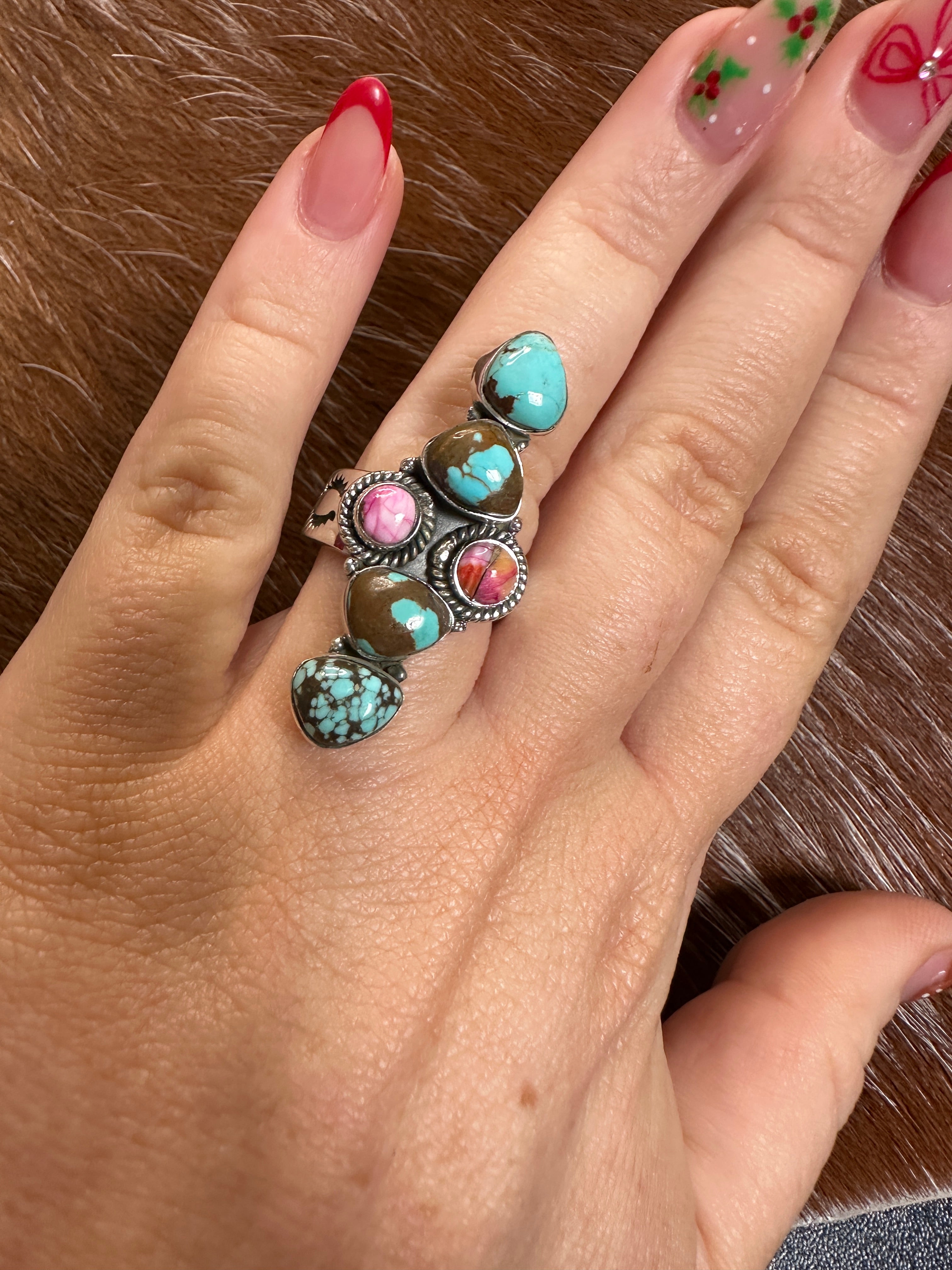 Handmade Pink Dream, Number 8 Turquoise & Sterling Silver Adjustable Ring Signed Nizhoni