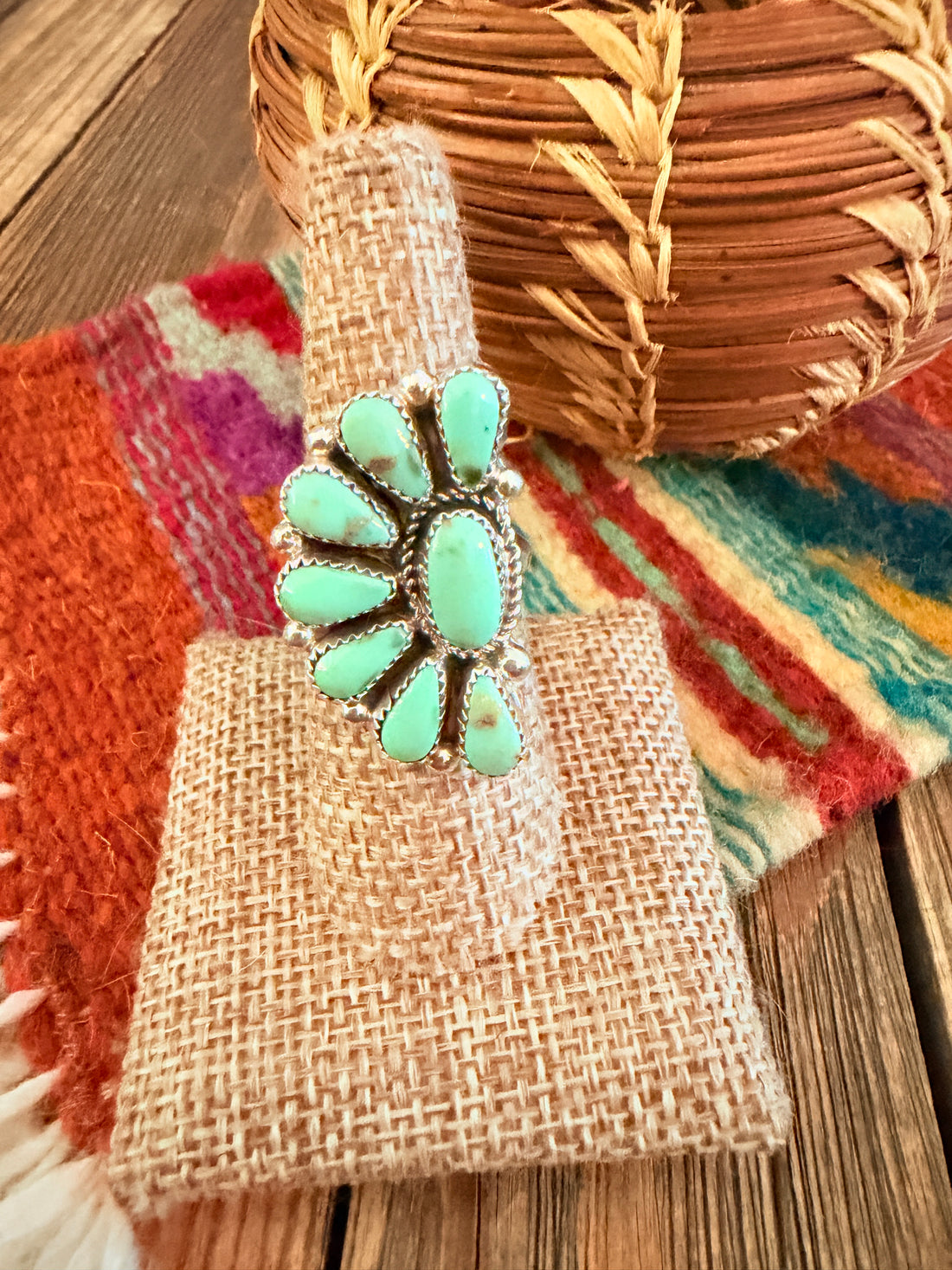 Handcrafted Turquoise & Sterling Silver Adjustable Cluster Ring