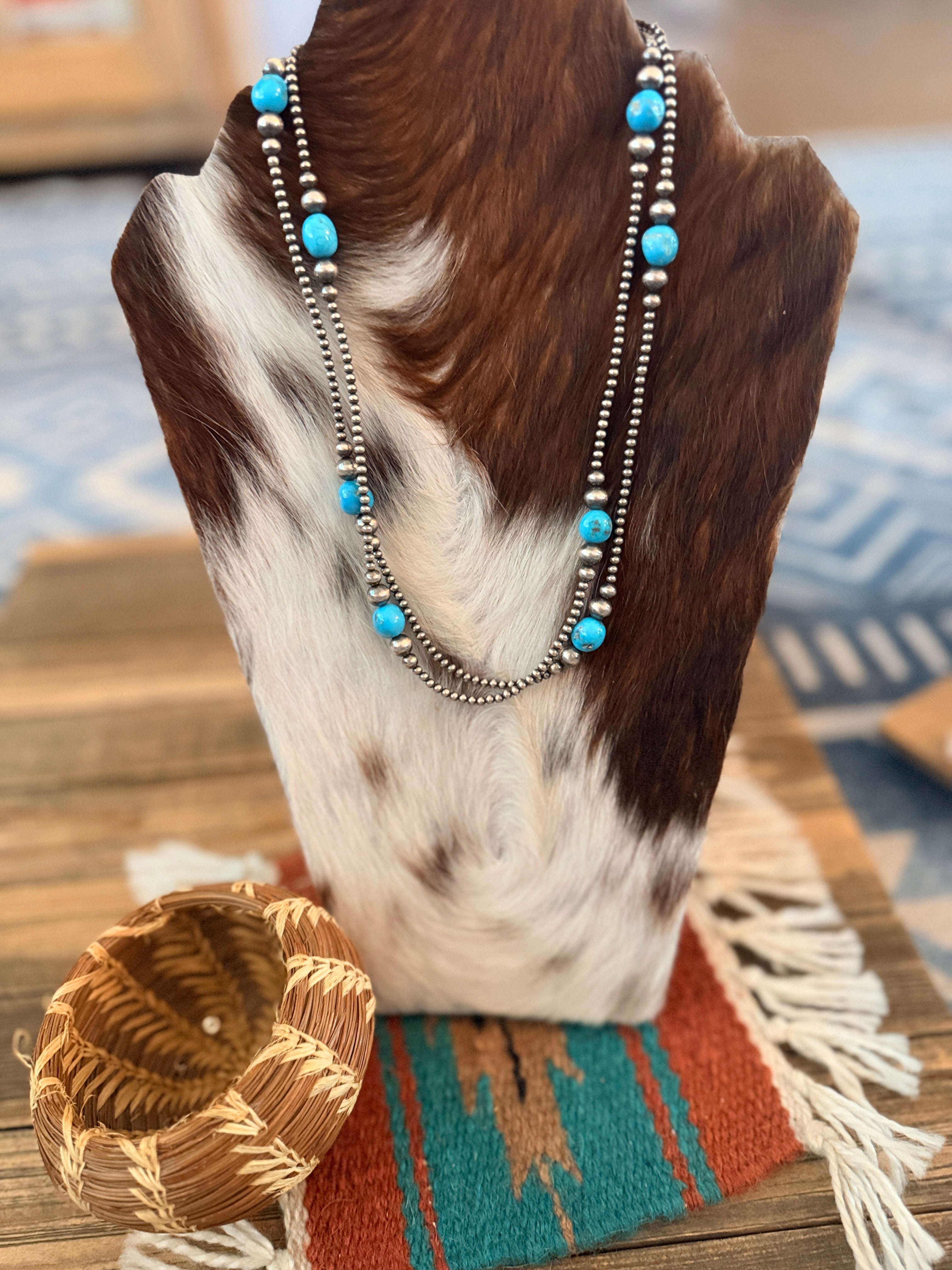 Handcrafted Turquoise & Sterling Silver Pearl Beaded 40” Necklace