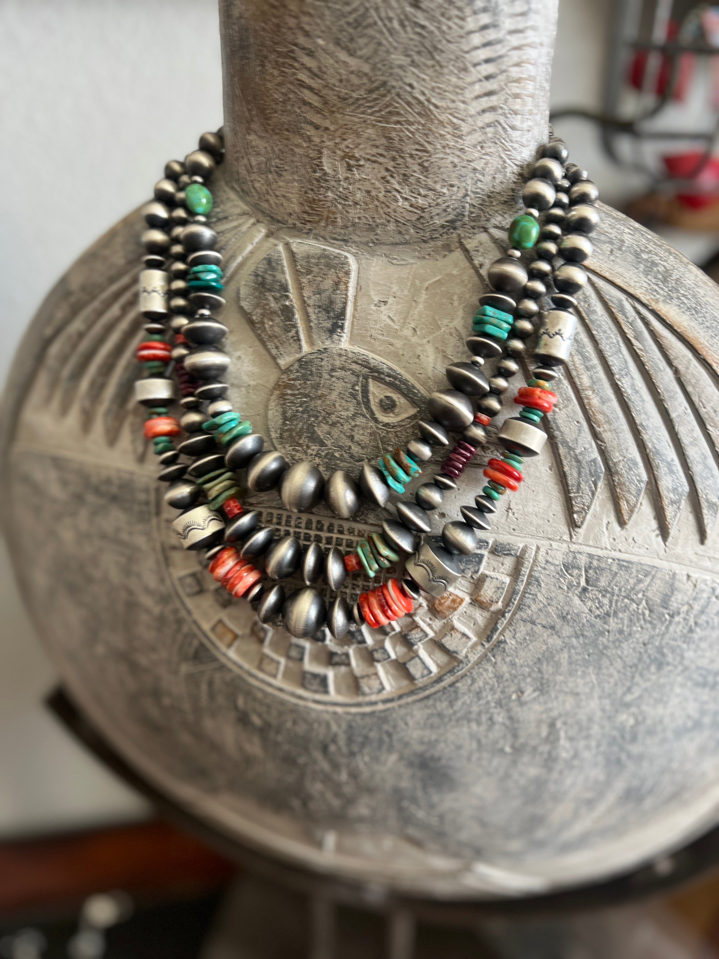 Rose Martin Sterling Silver, Turquoise and Spiny Oyster Single Strand Beaded Necklace, 18 + 1-1/2 inches