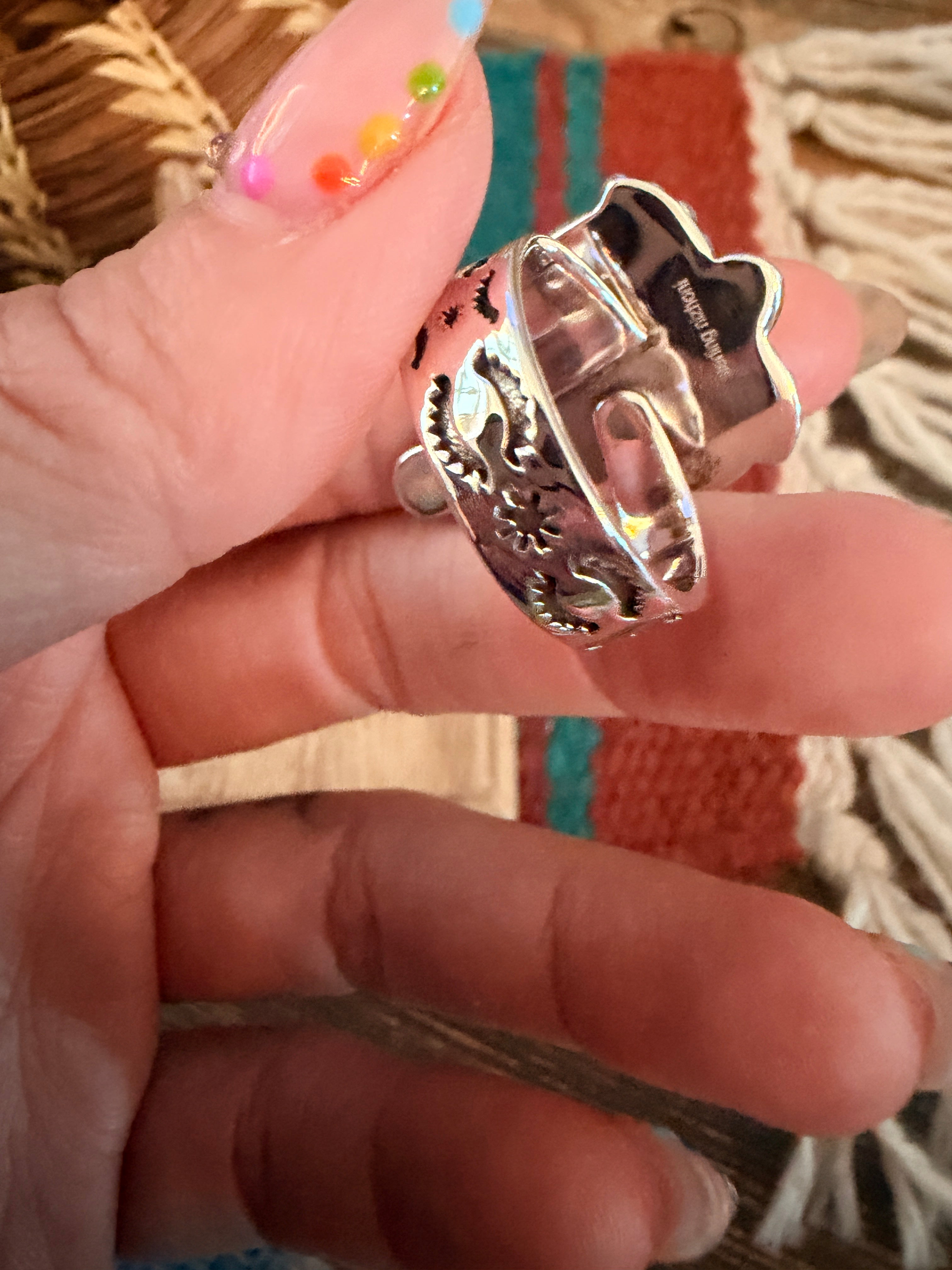 Handmade Sterling Silver Number 8 Turquoise Adjustable Heart Ring Signed Nizhoni