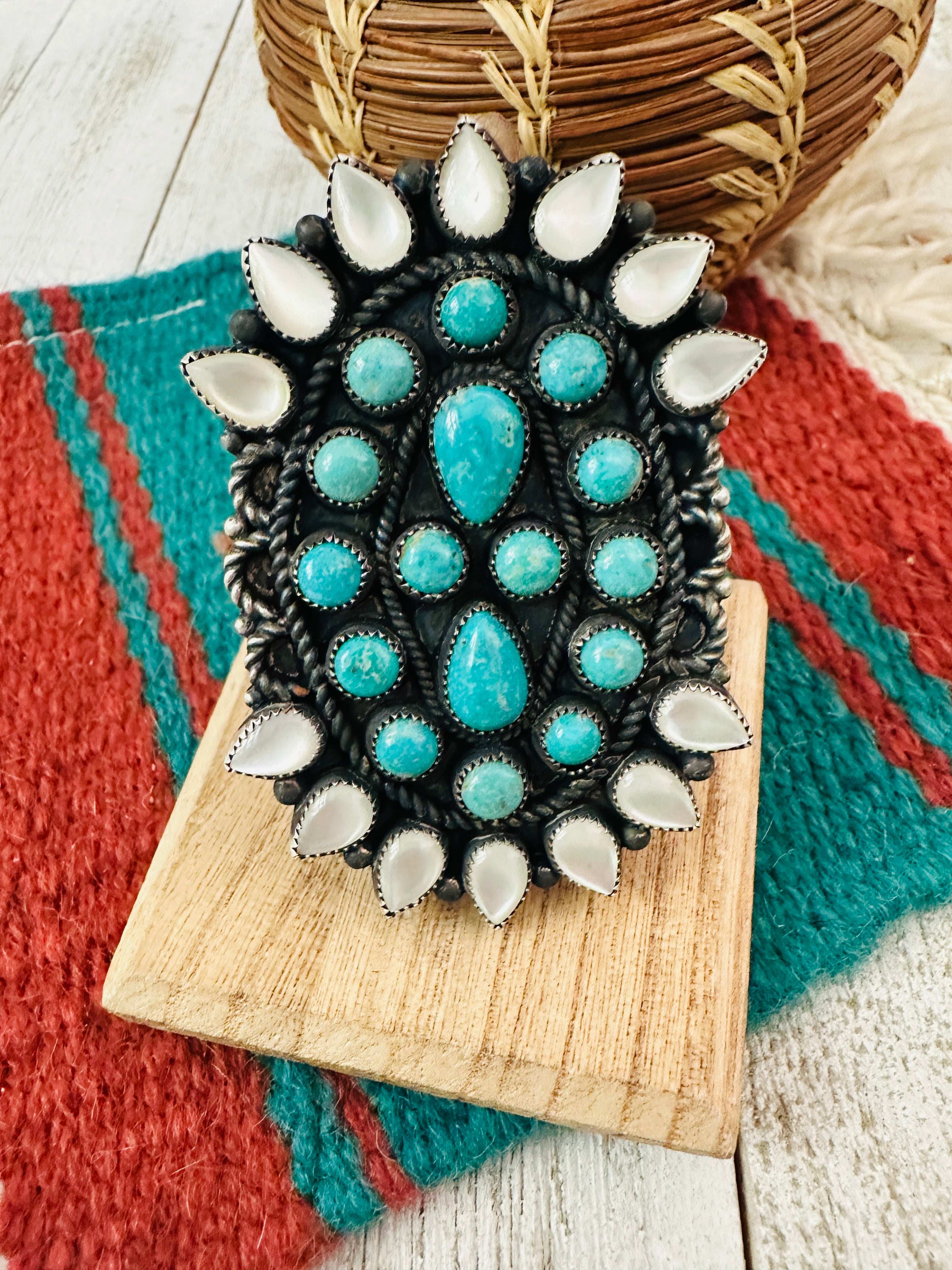 Navajo Sterling Silver, Turquoise & Mother of Pearl Cluster Ring Size 8.5