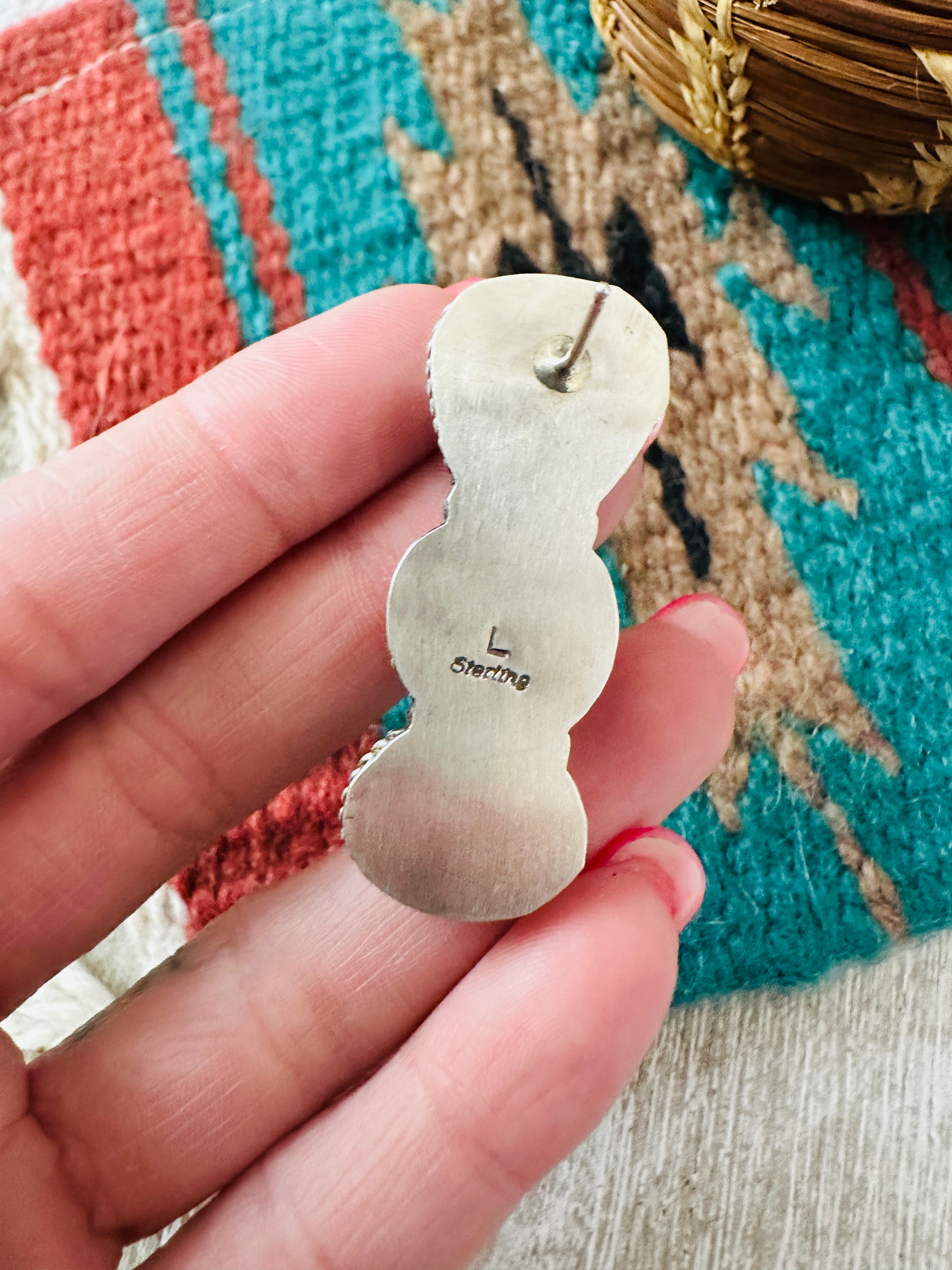 Handcrafted Red Spiny, Turquoise and Sterling Silver Dangle Earrings