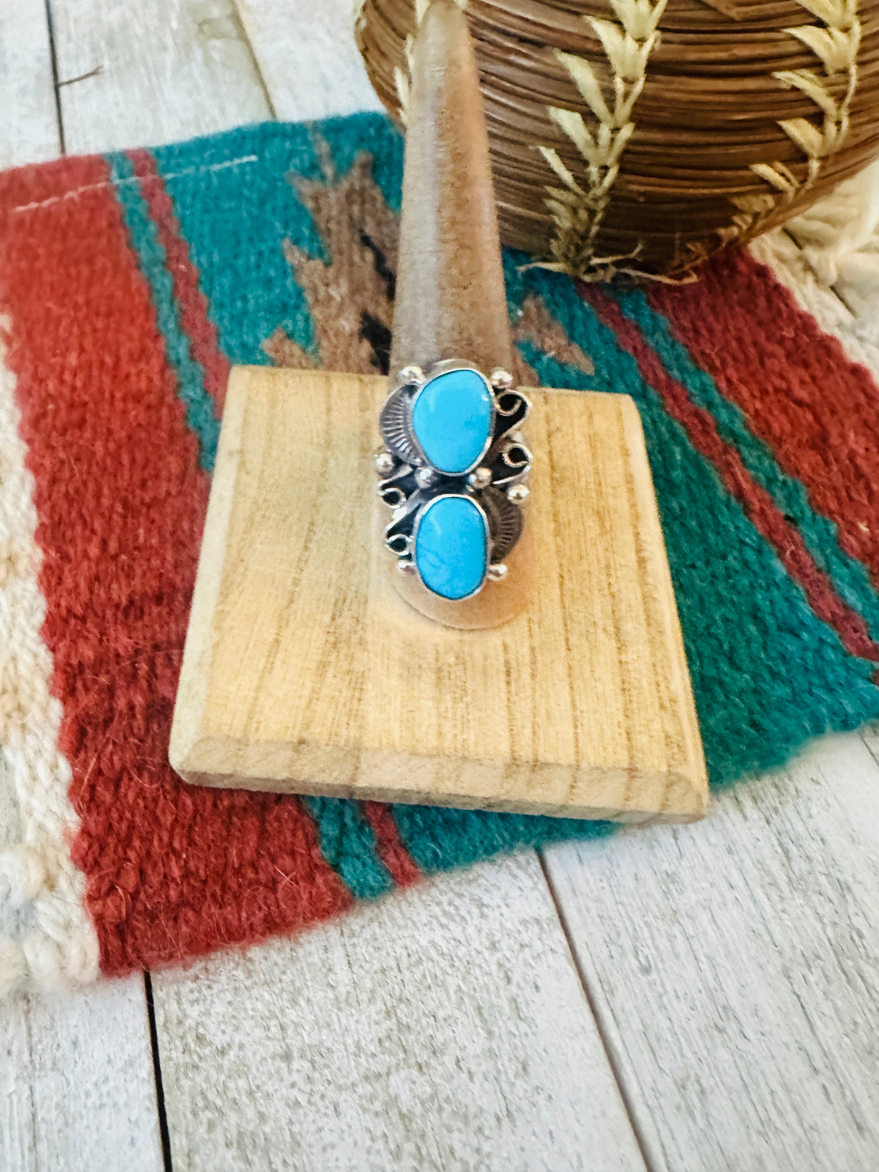 Handcrafted Turquoise & Sterling Silver Two Stone Ring Size 8.5