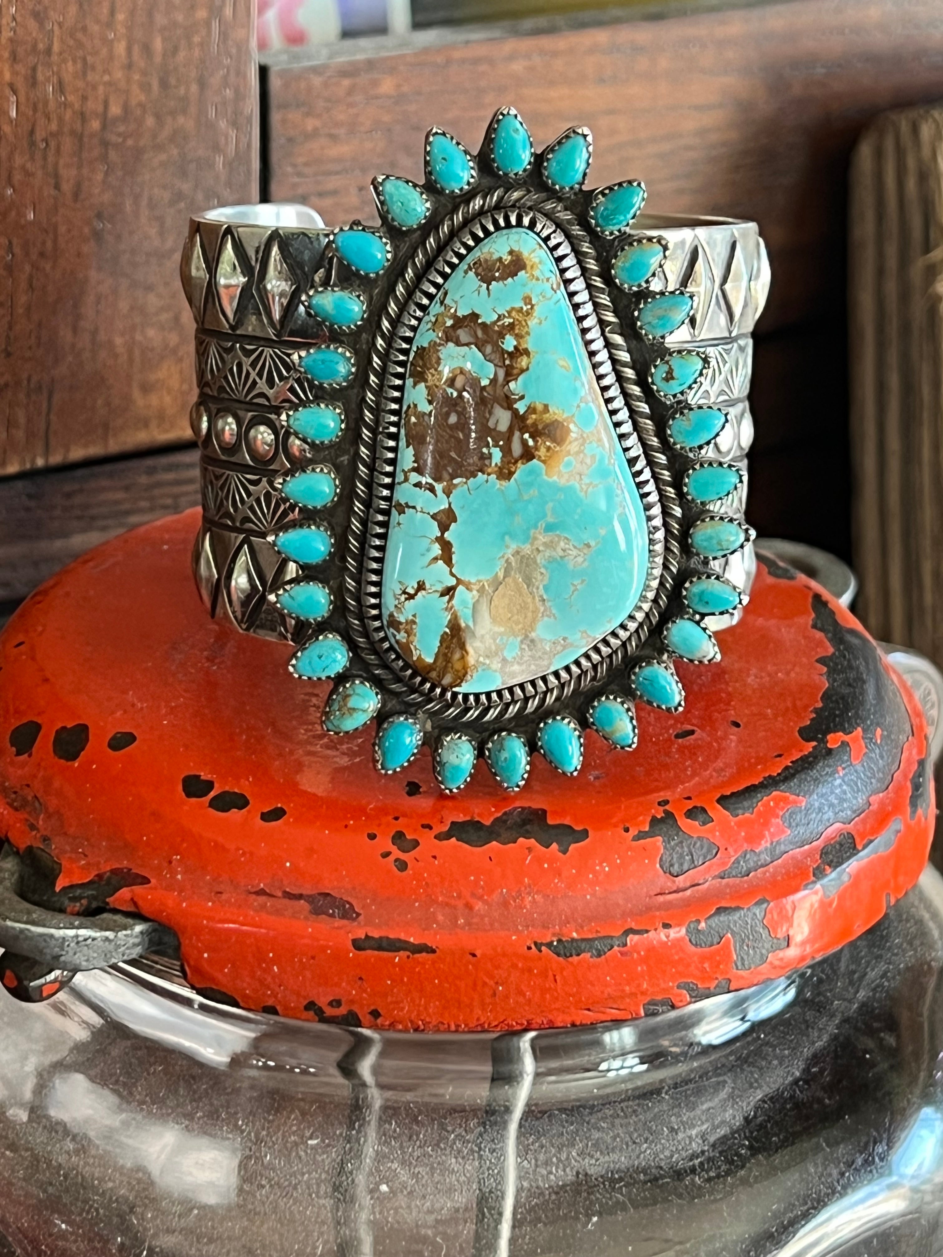 Sterling Silver & Royston Turquoise Cluster Cuff Bracelet by Glenn Livingston