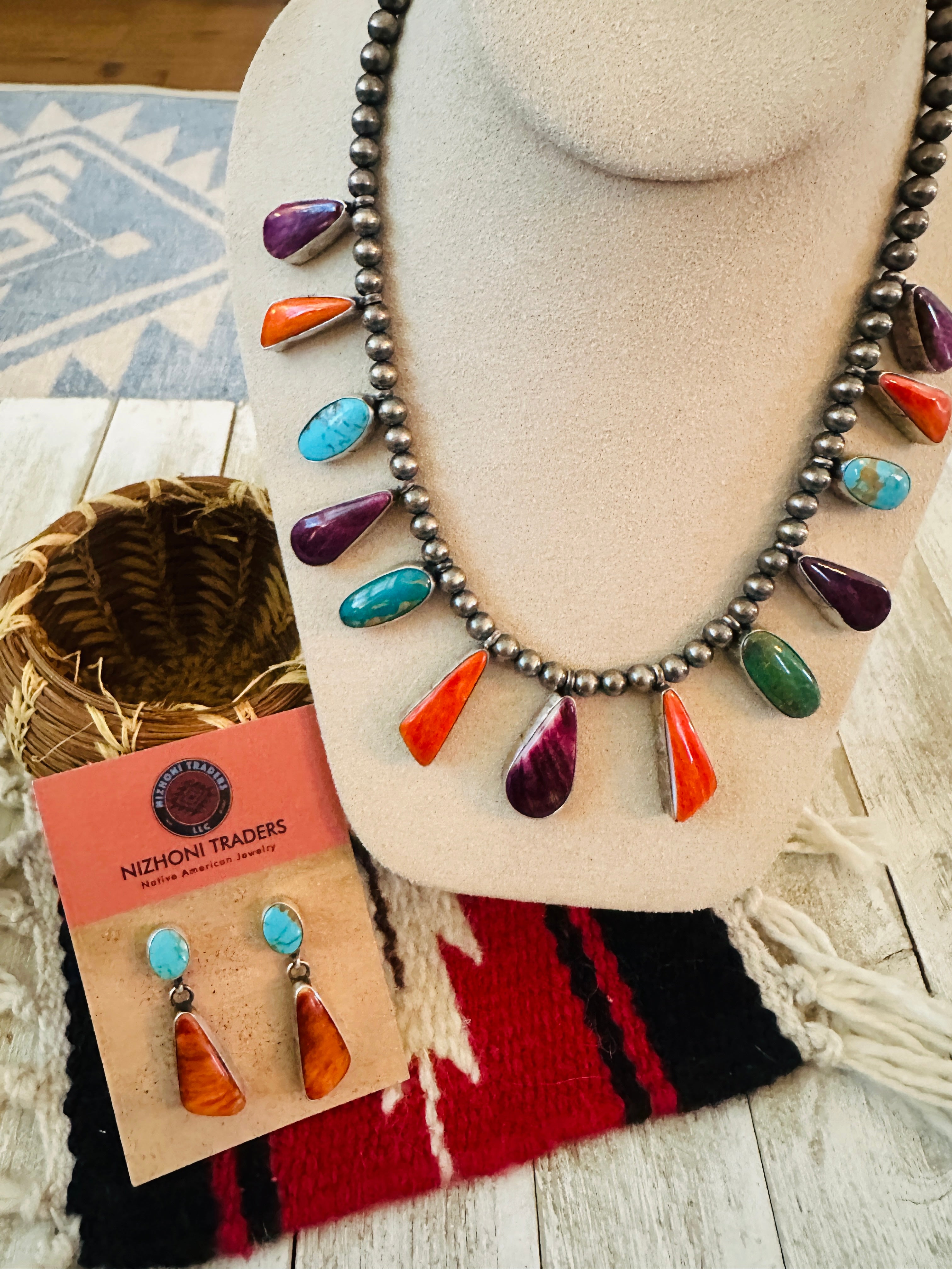 Handcrafted Spiny Oyster, Turquoise & Sterling Silver Necklace Set