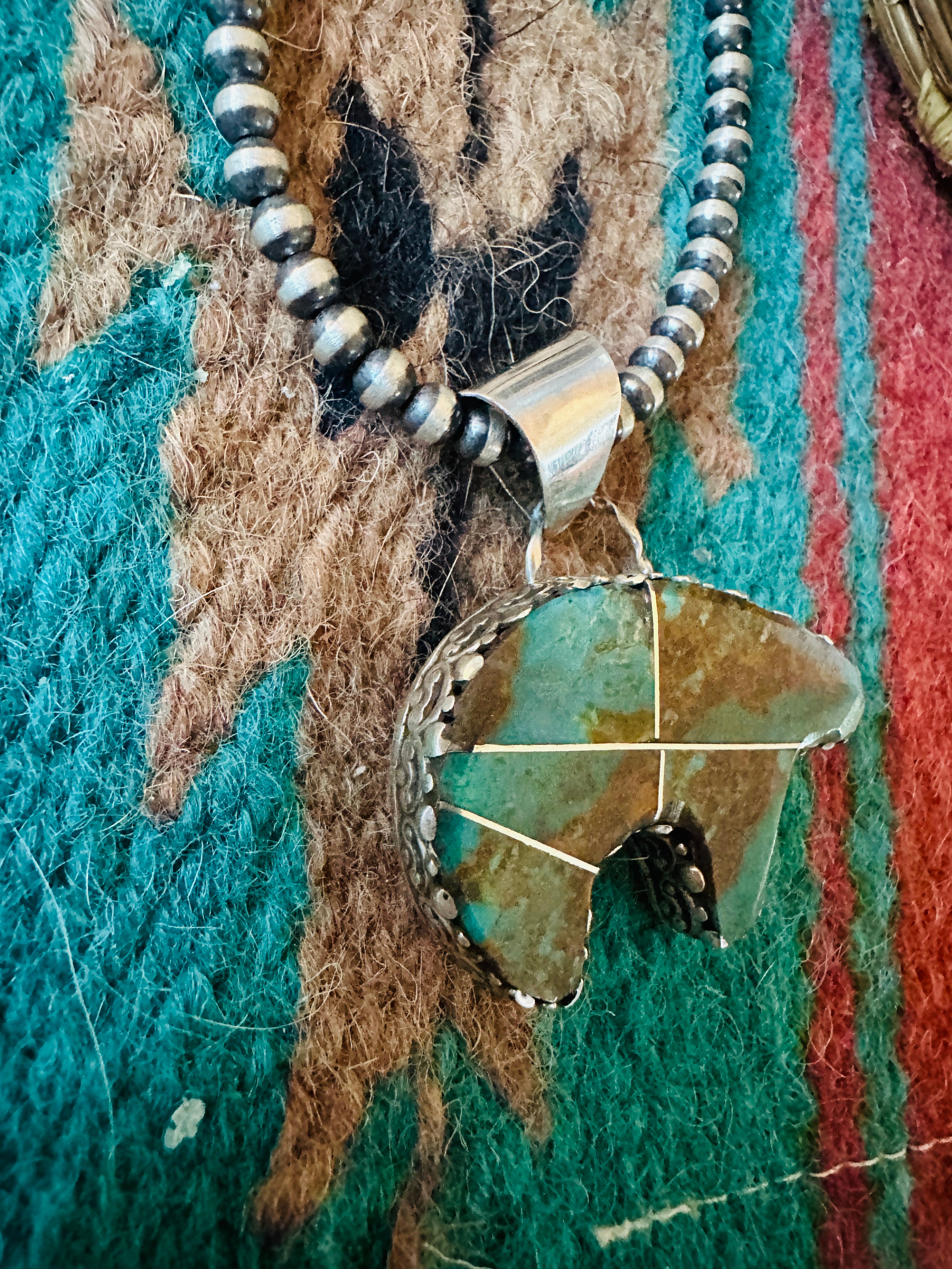 Navajo Turquoise & Sterling Silver Inlay Fetish Bear Pendant