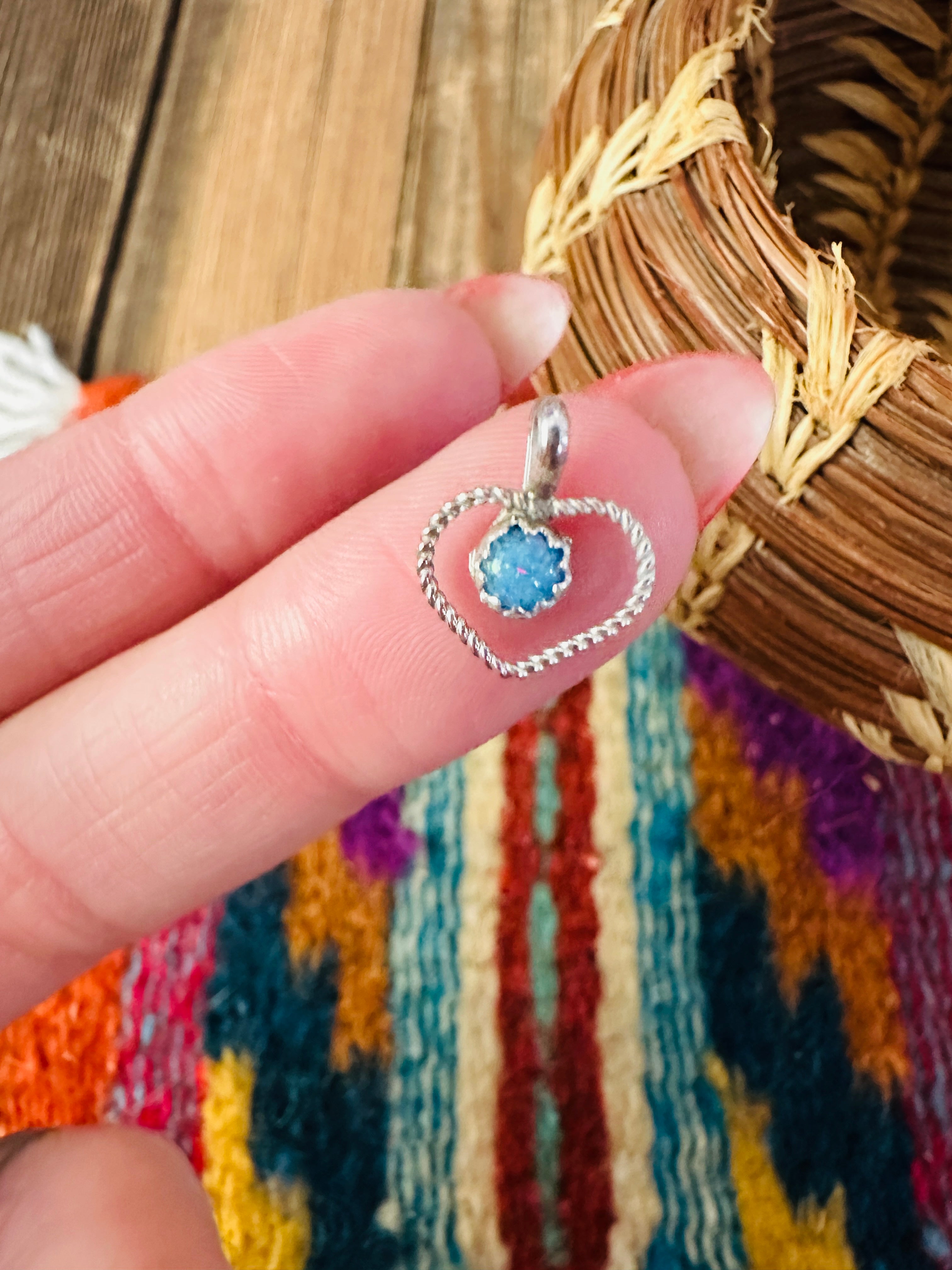 Handcrafted Sterling Silver and Blue Fire Opal Mini Heart Pendant