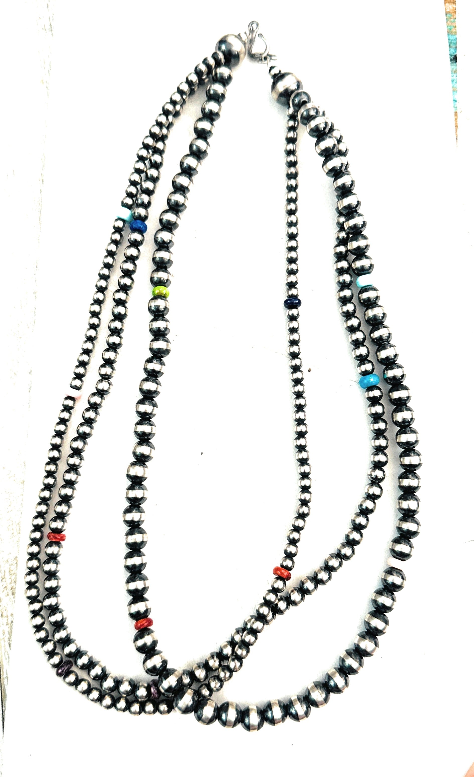 Navajo Multi Stone & Sterling Silver Pearl Triple Strand Beaded Necklace