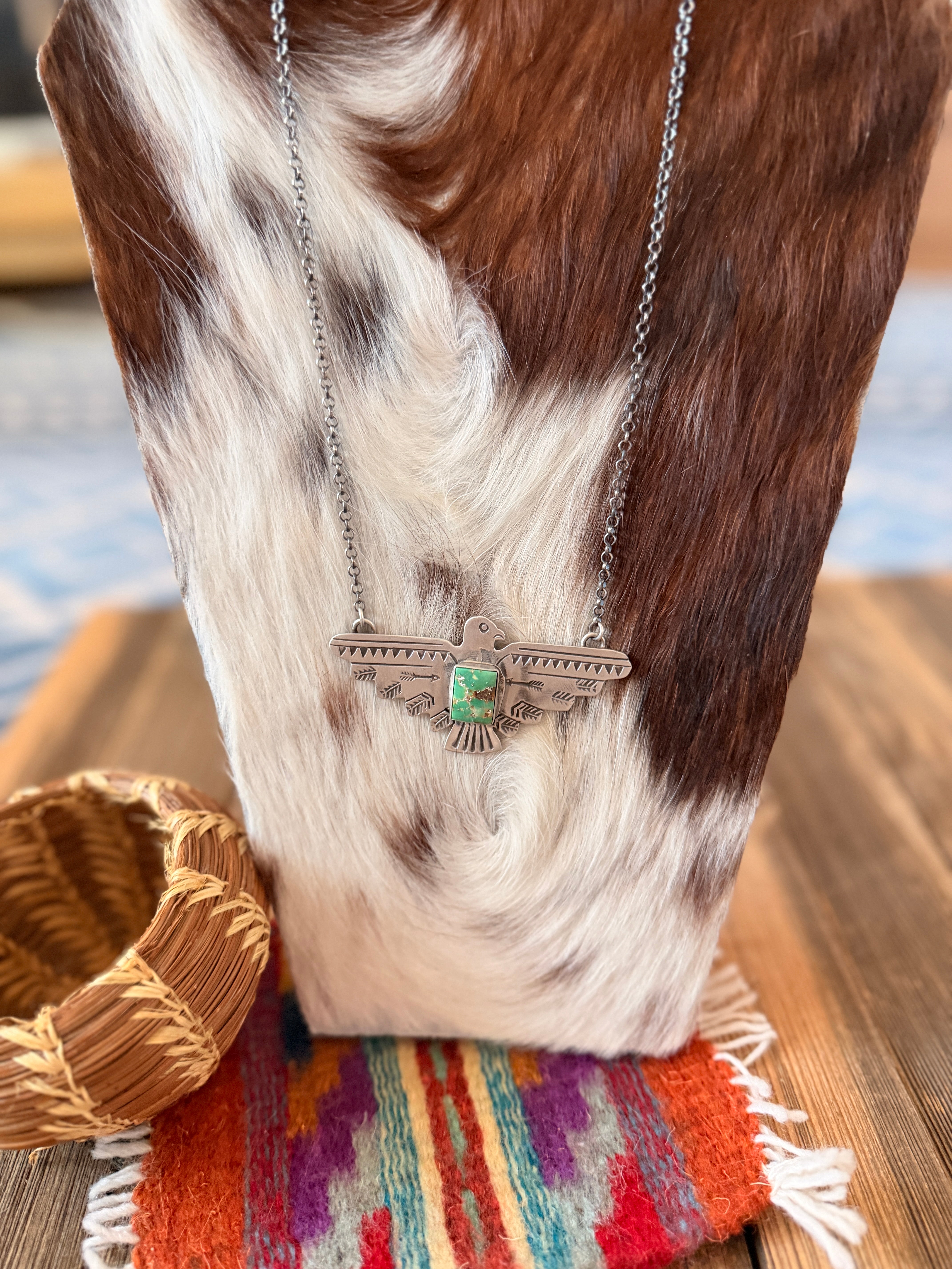 Handcrafted Turquoise & Sterling Silver Thunderbird Necklace by Russell Sam