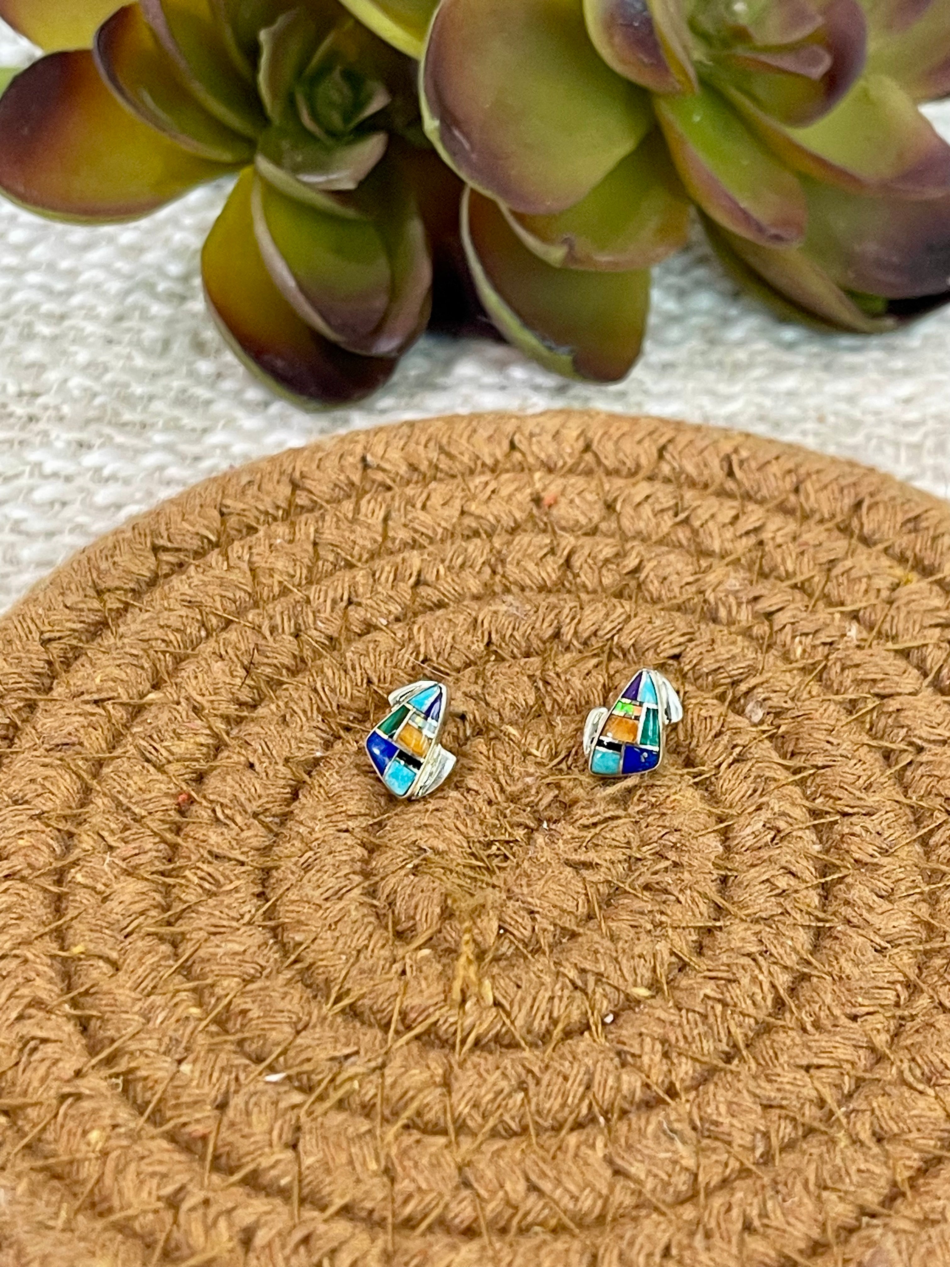 Gorgeous Handmade Sterling Silver & Multi Stone Inlay Stud Earrings