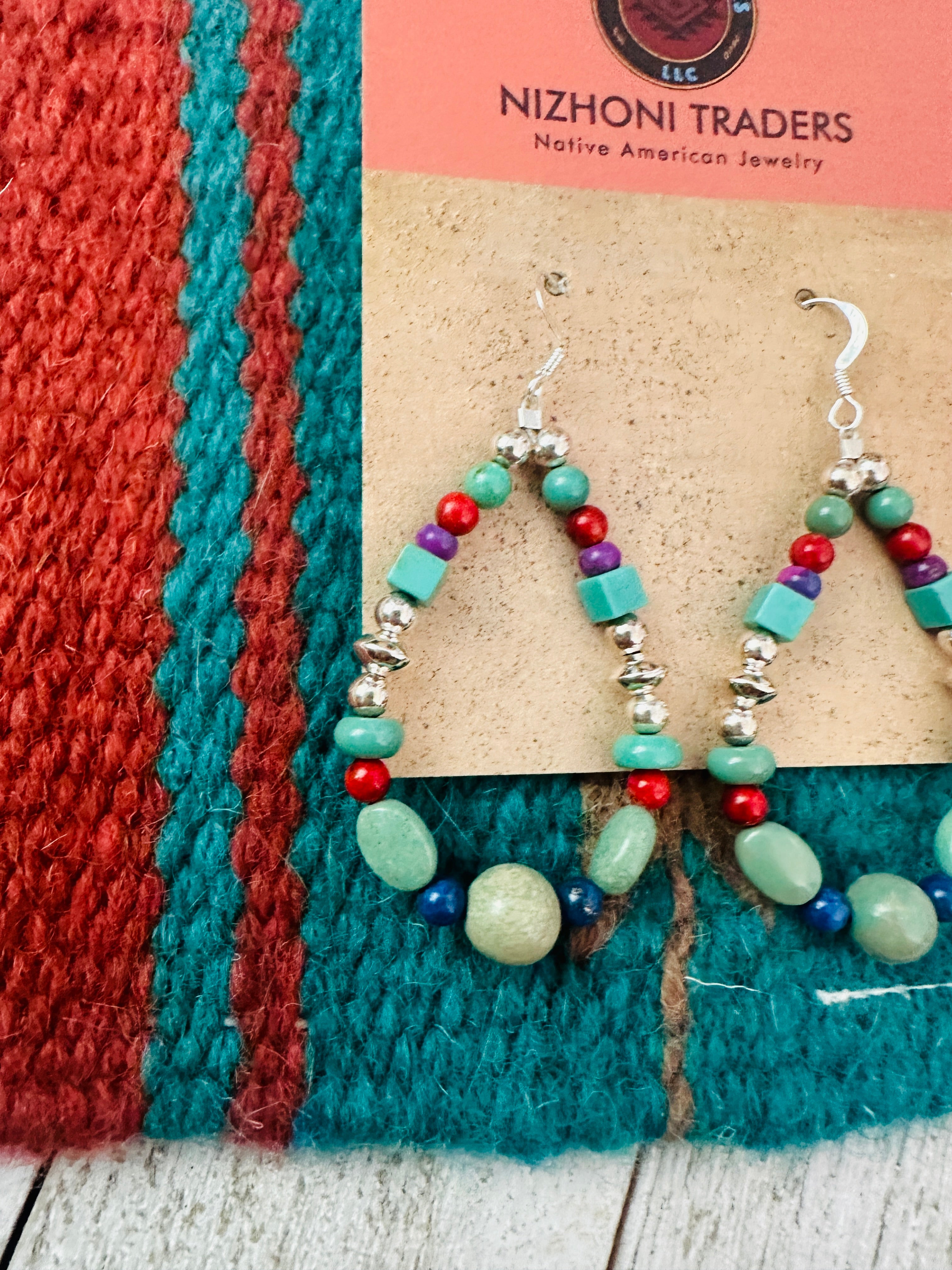 Navajo Multi Stone & Sterling Silver Dangle Hoop Earrings